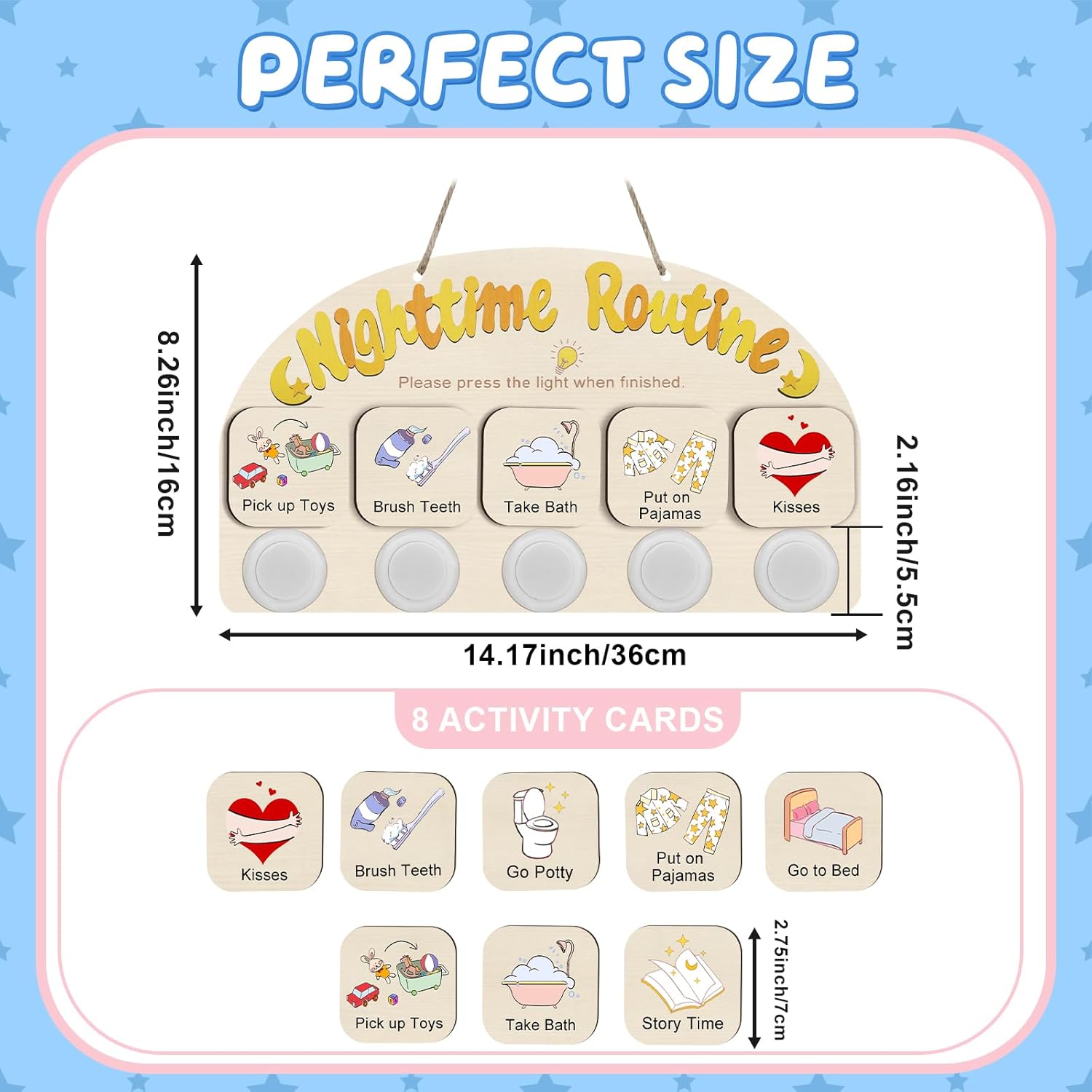 Bedtime Routine Chart for Toddlers, Visual Schedule Chore Chart Night to Do List with 5 Tap Lights & 8 Activity Cards Planning, Wooden Schedule Board for Kids, Preschoolers, Autism, ADHD Tools