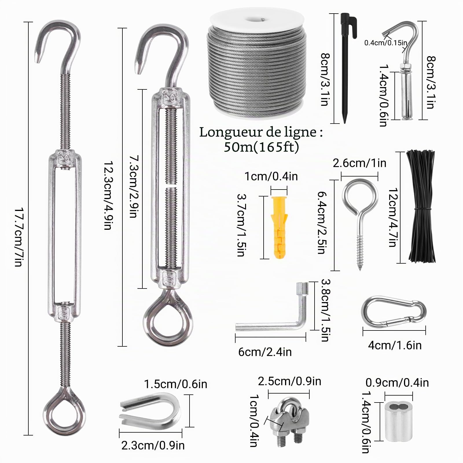 50m Câble Acier Kit, Câble Métallique en Acier Inoxydable Épais de 3mm, Tendeur Câble Inox avec Tendeur M5 de Fil, 304 Cable Acier Inoxydable à Noyau 7 x 7 Brins pour Plante Grimpante, Corde à Linge