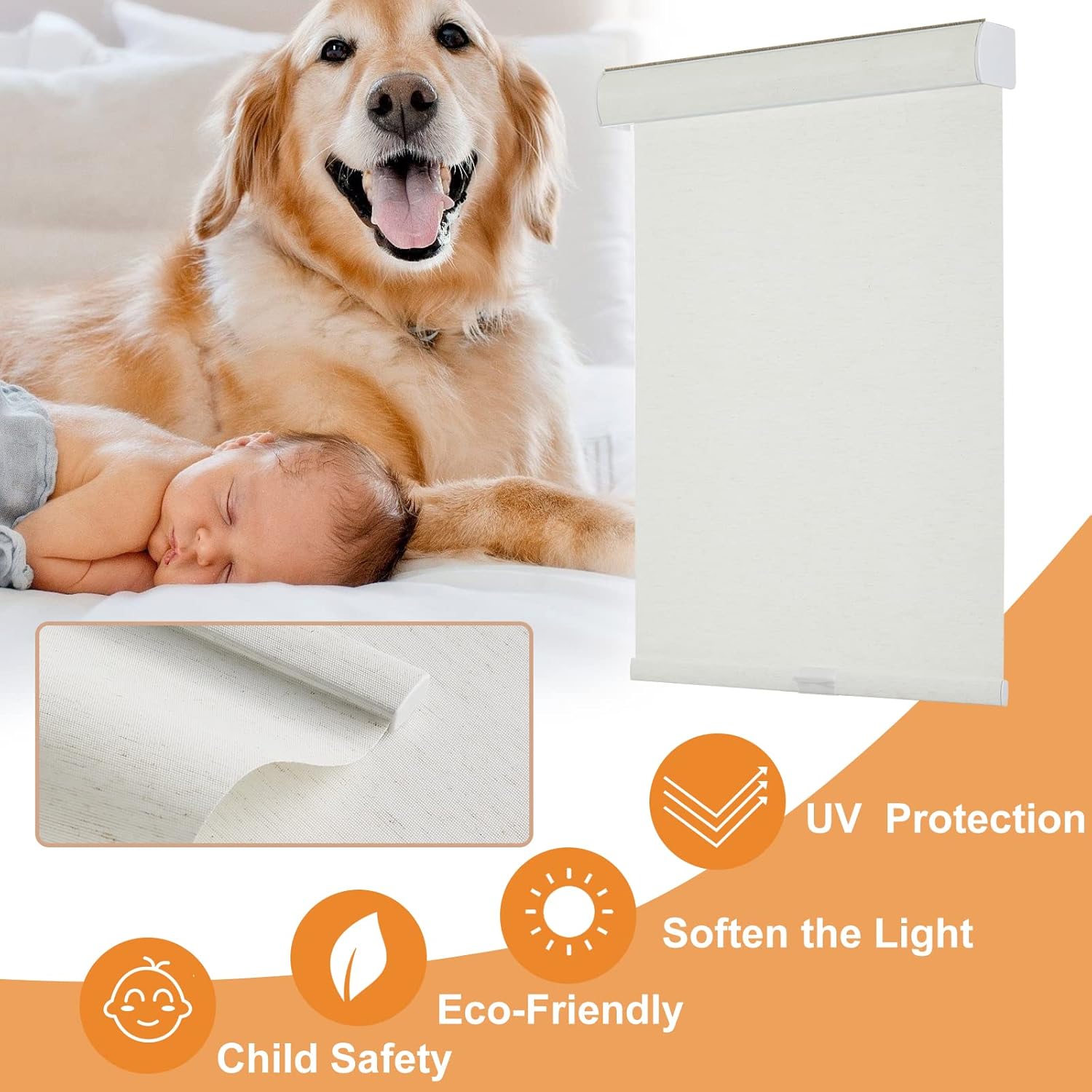 Persilux Custom Size Free-Stop Cordless Roller Blinds for Windows Blinds Natural Woven Linen Fabric UV Protection Light Filtering Roller Shades for Windows Privacy Window Shades for Home Linen Cream