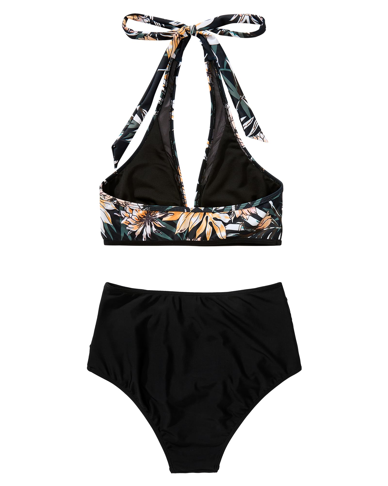 RXRXCOCO Damen Mesh Neckholder Rückenfrei Bauchweg High Waist Bikini Set Push Up Sexy V Ausschnitt Zweiteiliger Badeanzüge Bademode