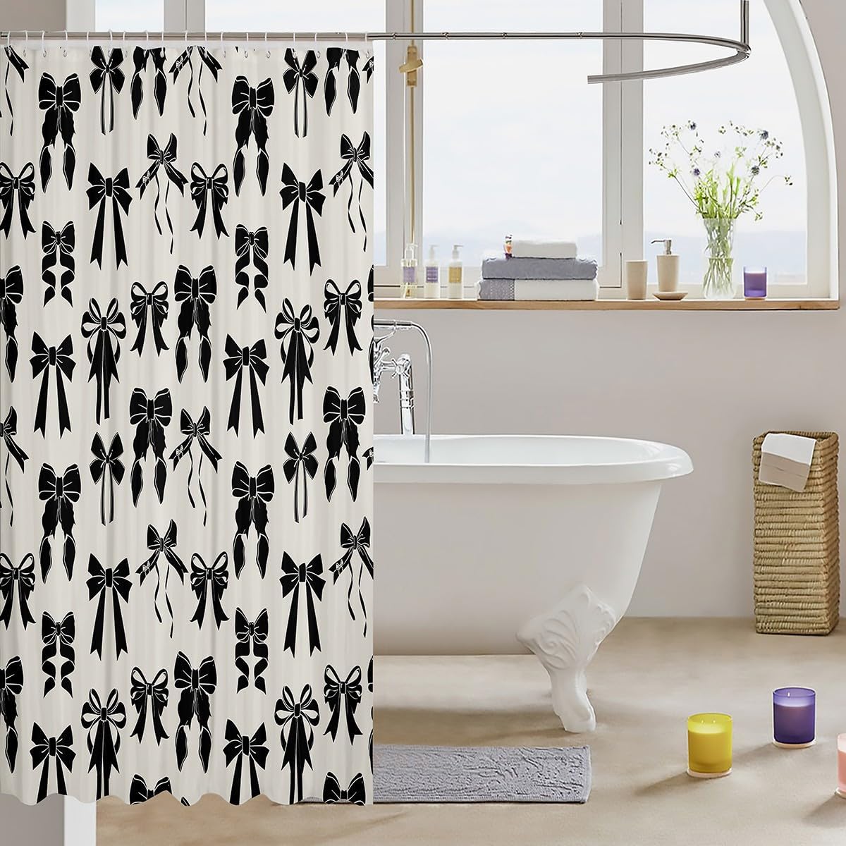 Feelyou Bow Bath Curtain 72"x78" Black Bow Shower Curtain for Kids Boys Girls Decor Cute Bowknot Bathroom Shower Curtain Set Polyester Girls Bow Kids Bathroom Accessories