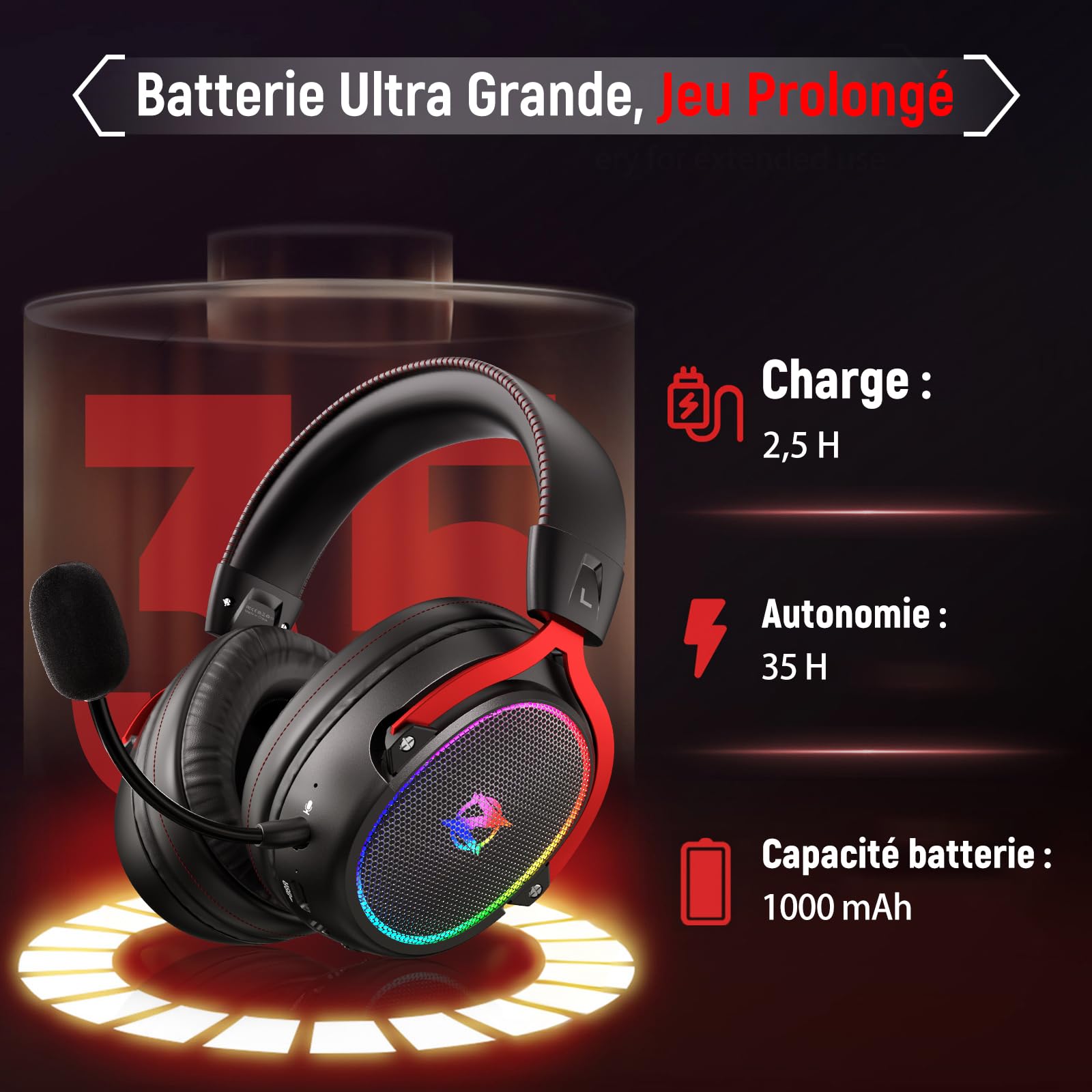 Ozeino OW310 Casque Gaming sans Fil pour PS5, PS4, PC, 7.1 Son Surround, Micro Détachable à Réduction de Bruit, 35H d'Autonomie, Haut-Parleur de 50mm, Lumière RGB, Casque Ultra-Léger de 250g, Nior
