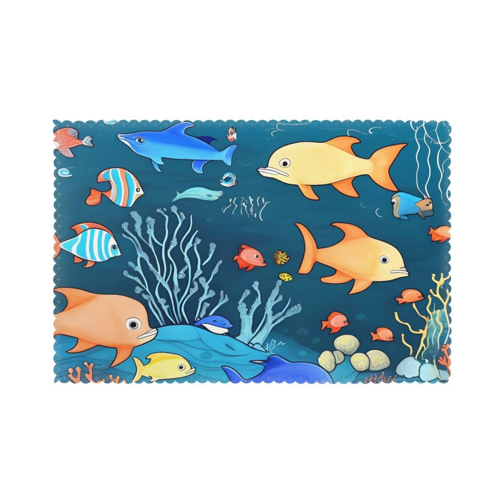 Blue underwater world of fish Placemat set of 6, oil-proof and insulated dining table placemats, washable and wipeable.