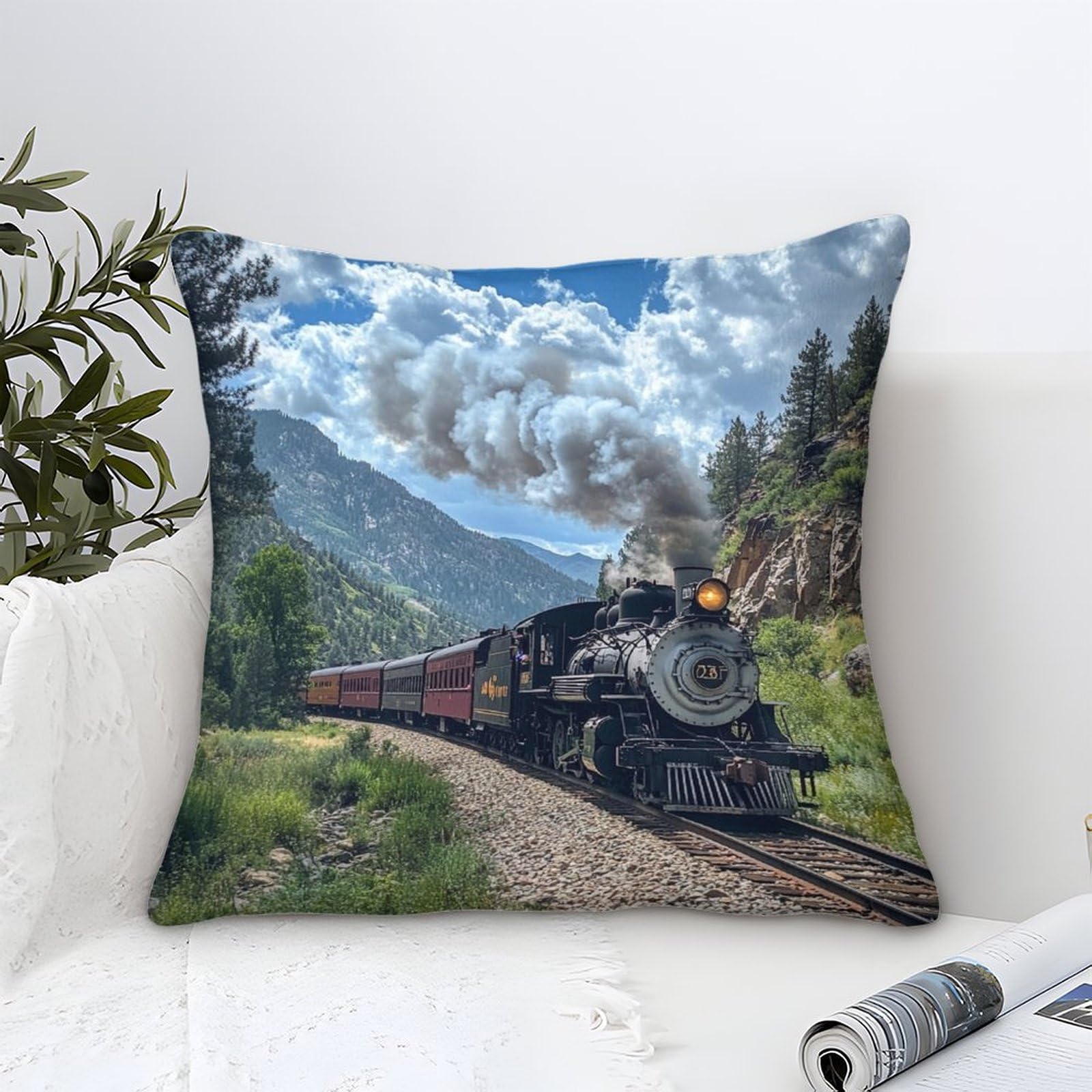 Dafufbw Steam Train-3 Steam Train Cushion Covers 40X40cm, Decorative 3D Choochoo Themed Throw Pillow, Square Accent Pillow Case For Sofa