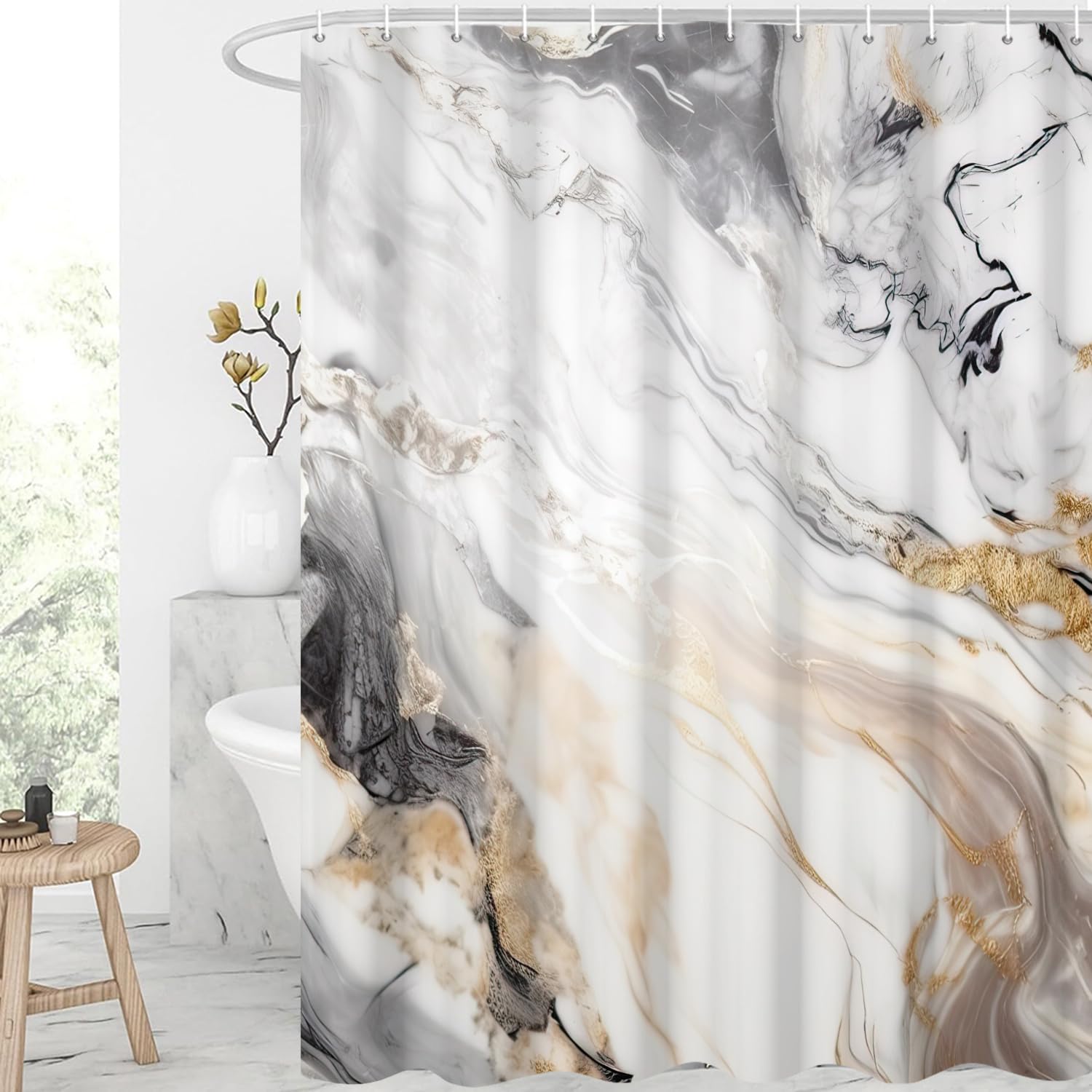 GCIREC Shower Curtain, 120x200cm, Black and Gold Texture Ink Marble Modern Art Waterproof Fabric Machine Washable Bathroom Curtain with Hooks