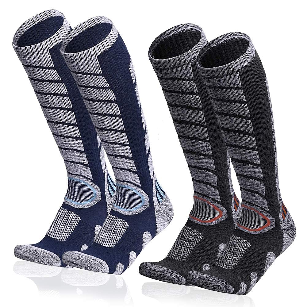 Merino Wool Ski Socks, Mens One Size Blue+Black(2 Pairs)