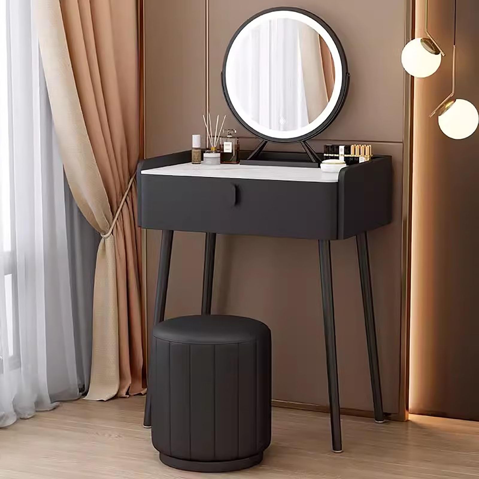 asdchZen Champagne Makeup Vanity Desk Set With Led Lighted Mirror & Cushioned Stool-Stylish Dressing Table For Bedroom & Studio, 23.6In/60Cm,Black-27.5in/70cm