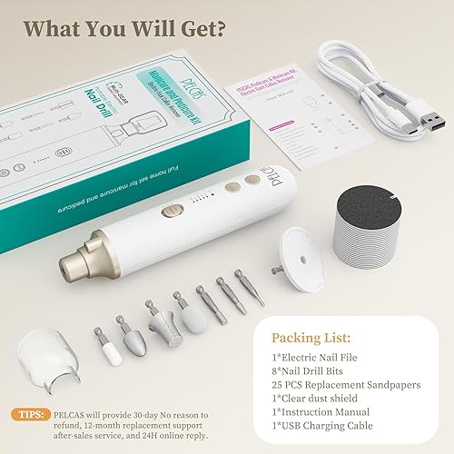 Miniatura 9 de PELCAS Taladro de uñas inalámbrico 8 en 1, lima de uñas eléctrico de 5 velocidades, kit de manicura y pedicura con luz LED, removedor eléctrico de
