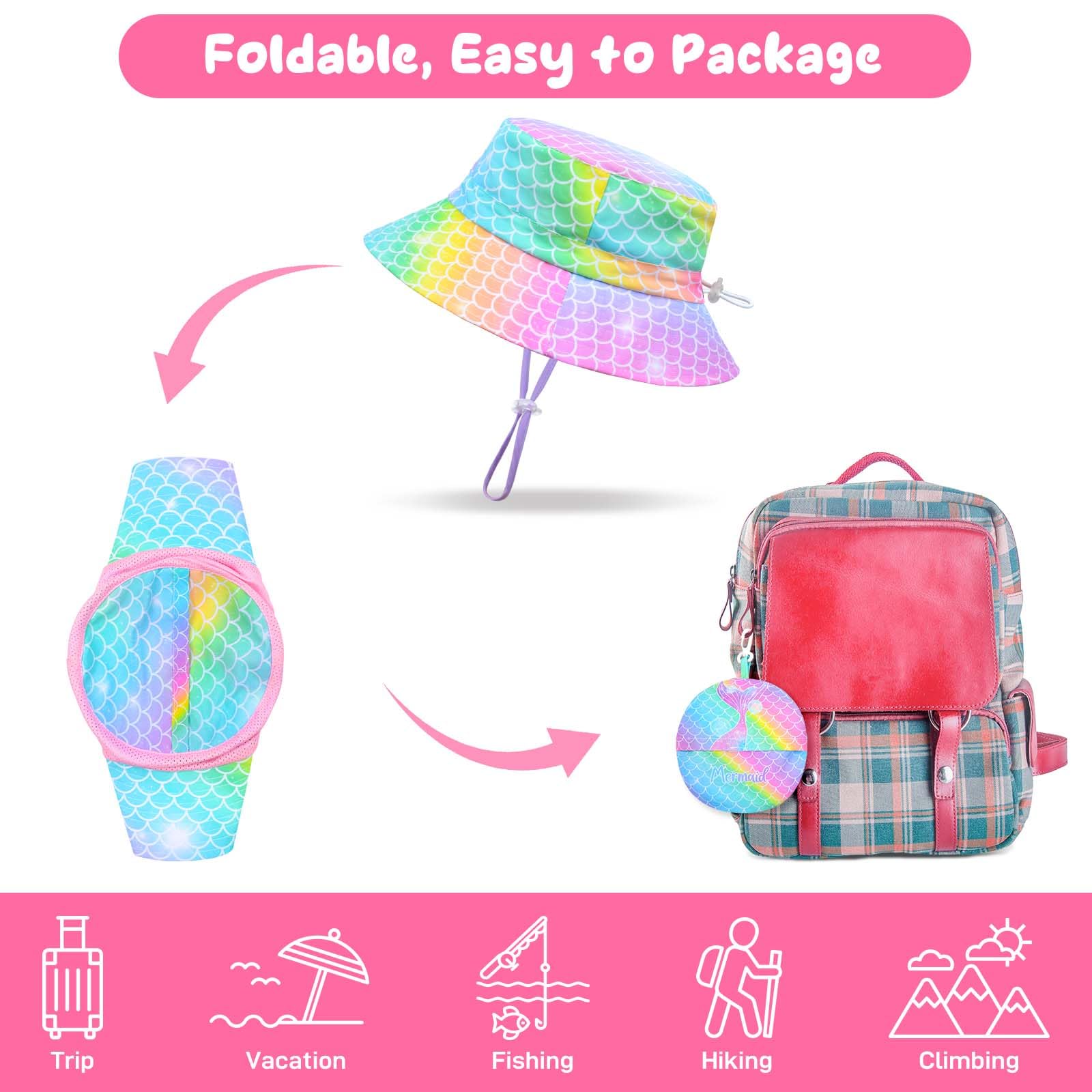 Girls Sun Hat for Kids UV Protection Unicorn Summer Hat Beach Play Hats Wide Brim Neck Flap for Girls Ponytail Hat 2-7 Years