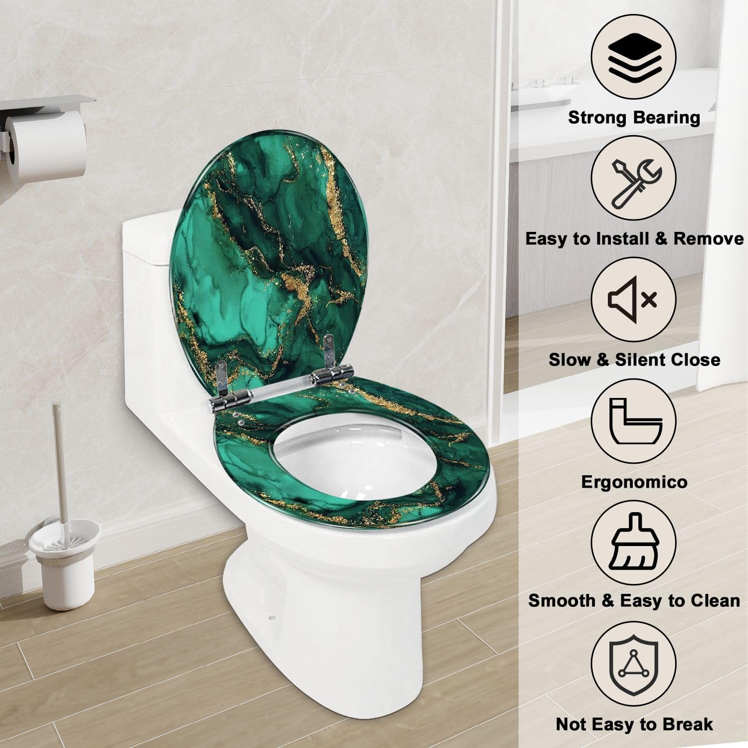 Round Toilet Seat Black green watercolor gold glitter Watercolor alcohol ink splash Resin Toilet Seat Slow Quiet Close with Quick-Release Hinges Toilet Seat with Cover Easy to Clean Install