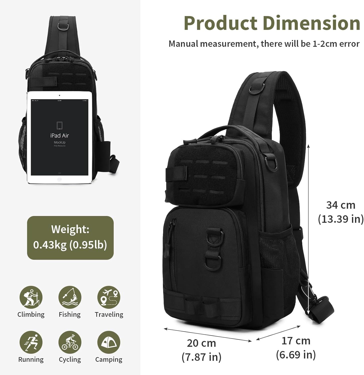 CamGo Small Tactical Sling Bag Black Military One Strap Crossbody Fishing Shoulder Pack Molle Backpack for Sport Daily - Image 2