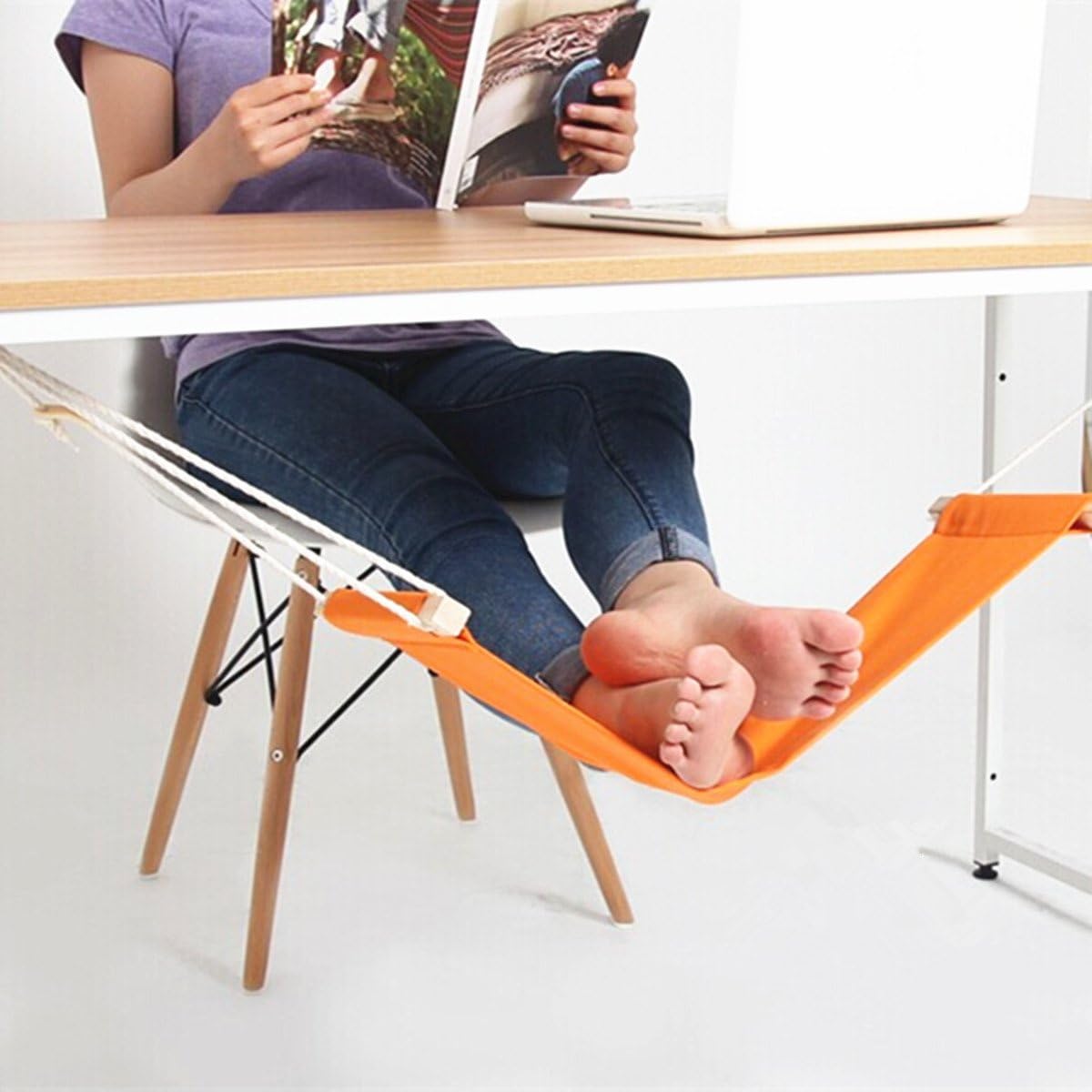 Leereal Adjustable Office Mini Foot Rest Stand Foot Hammock Under Desk Hammock with Durable Canvas Fabric Best for Work or Rest (Orange)