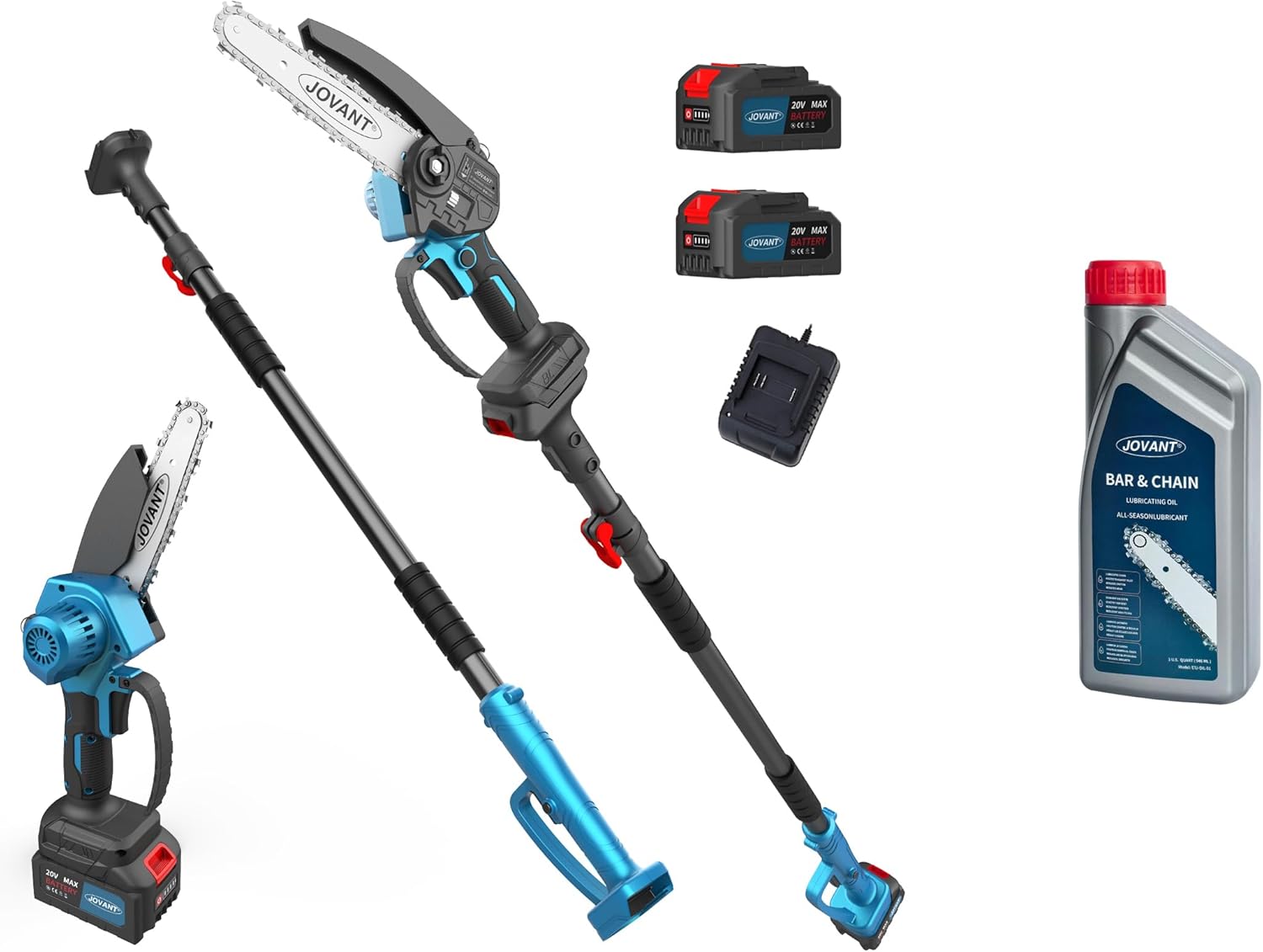6 inch Cordless Pole Saws for Tree Trimming,2-In-1 Mode Wireless Pole Saw for Cutting Branches and Wood,with Portable Bag and 2-20V 4A Battery & Chainsaw Oil