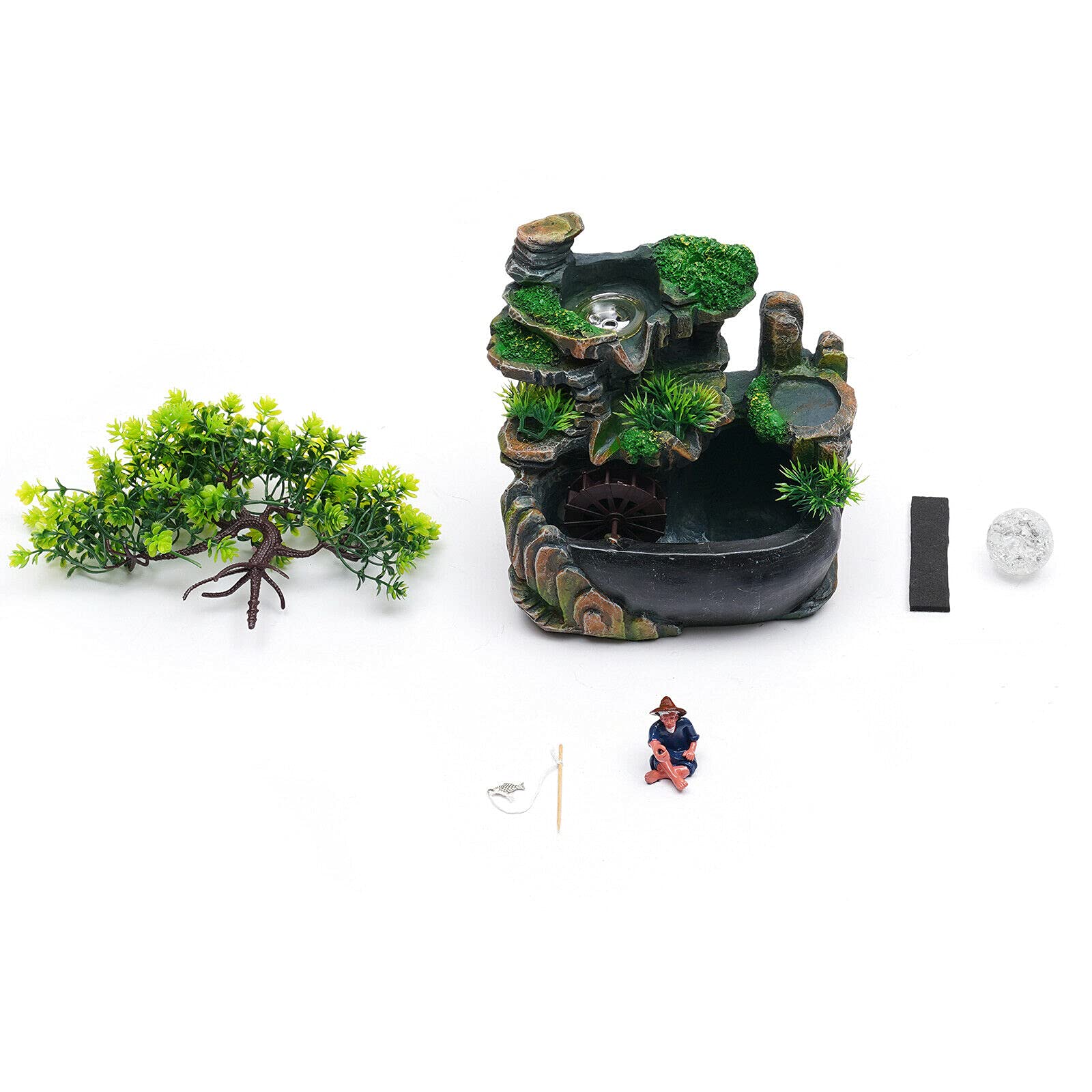 Fuente de interior de resina para jardín de piedra, fuente de mesa, fuente de agua, iluminación LED, decoración, 20 x 15 x 30 cm
