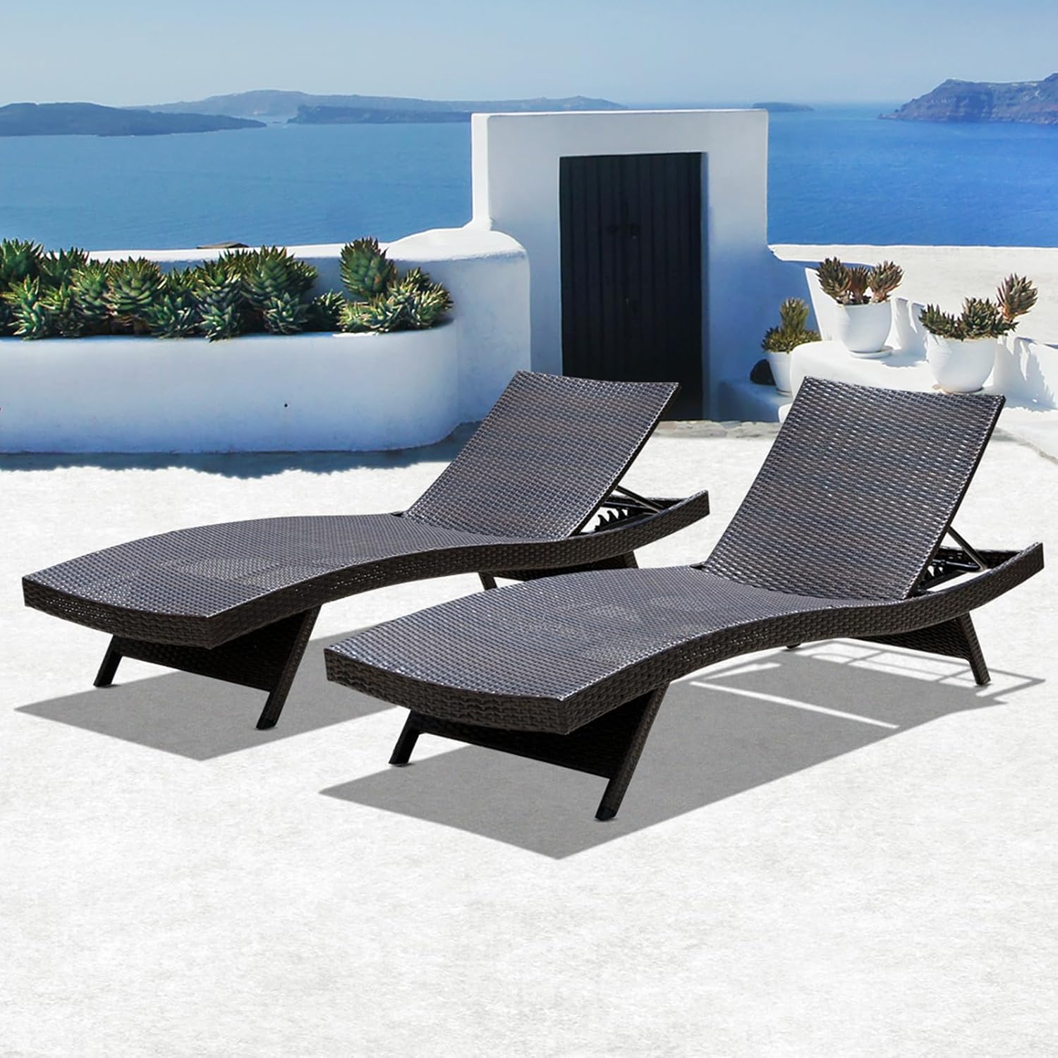 IDZO Katalina Upgraded 2000Hours UV Wicker Chaise Lounge Outdoor Set of 2 with Adjustable Backrest & Wave Design Mira Solid Acacia Wood Folding Side Table Outdoor