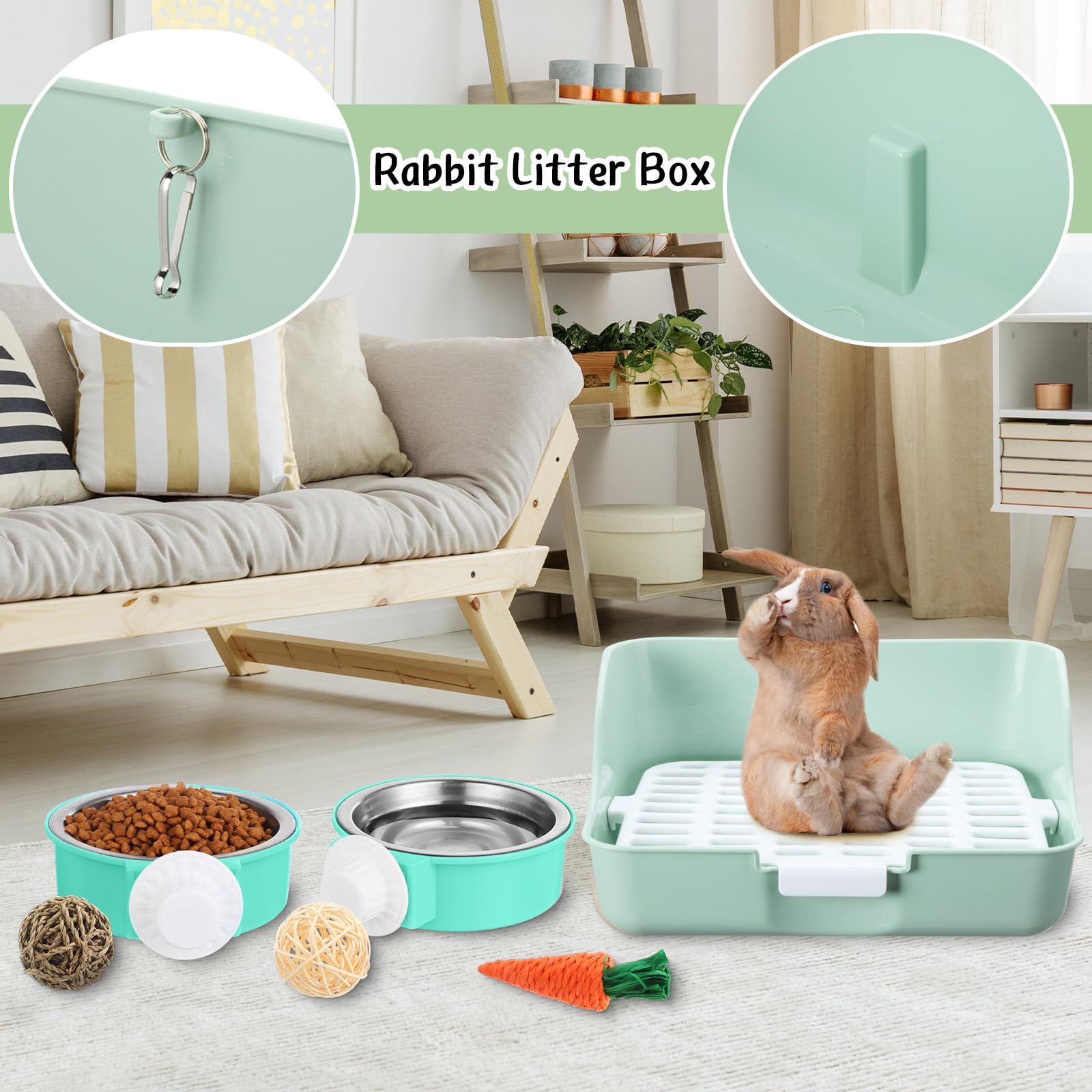 Reallnaive Juego de 15 piezas de conejo, caja de arena pequeña, kit de aseo de animales, juguetes de conejo, mantas con juego de limpieza para accesorios de conejillo de indias (verde)