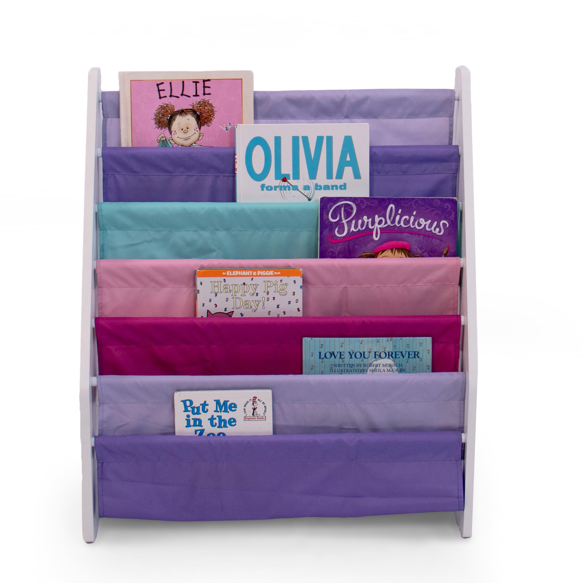 Humble Crew Kids Bookshelf 6-Tier Book Rack Organizer, Extra Large Bookcase with Fabric Storage Pockets, Front-Facing Display for Children’s Books, White/Pink/Purple/Aqua, Nursery & Playroom Storage