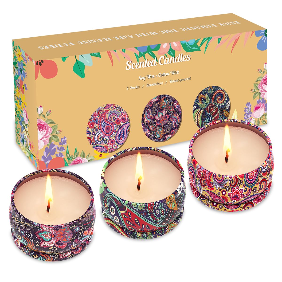 3 Pack Home Scented Candles - Strong Lavender, Vanilla & Rose Candle, 2.5 Oz, 100% Soy, Non-toxic, Small Candle Set for Aromatherapy & Gifts