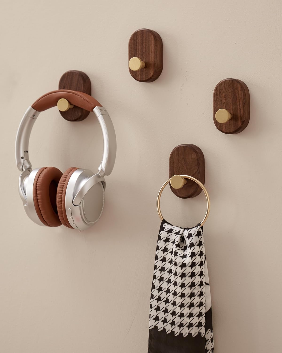 Wood Coat Hooks Wall Mount - Modern Walnut Coat Hook with Bronze Accent for Hanging Clothes,Keys,Purse,Robes,Towel,Backpacks, Single Brass Wall Hooks Heavy Duty for Entryway, Closet, Bathroom (4 Pack)