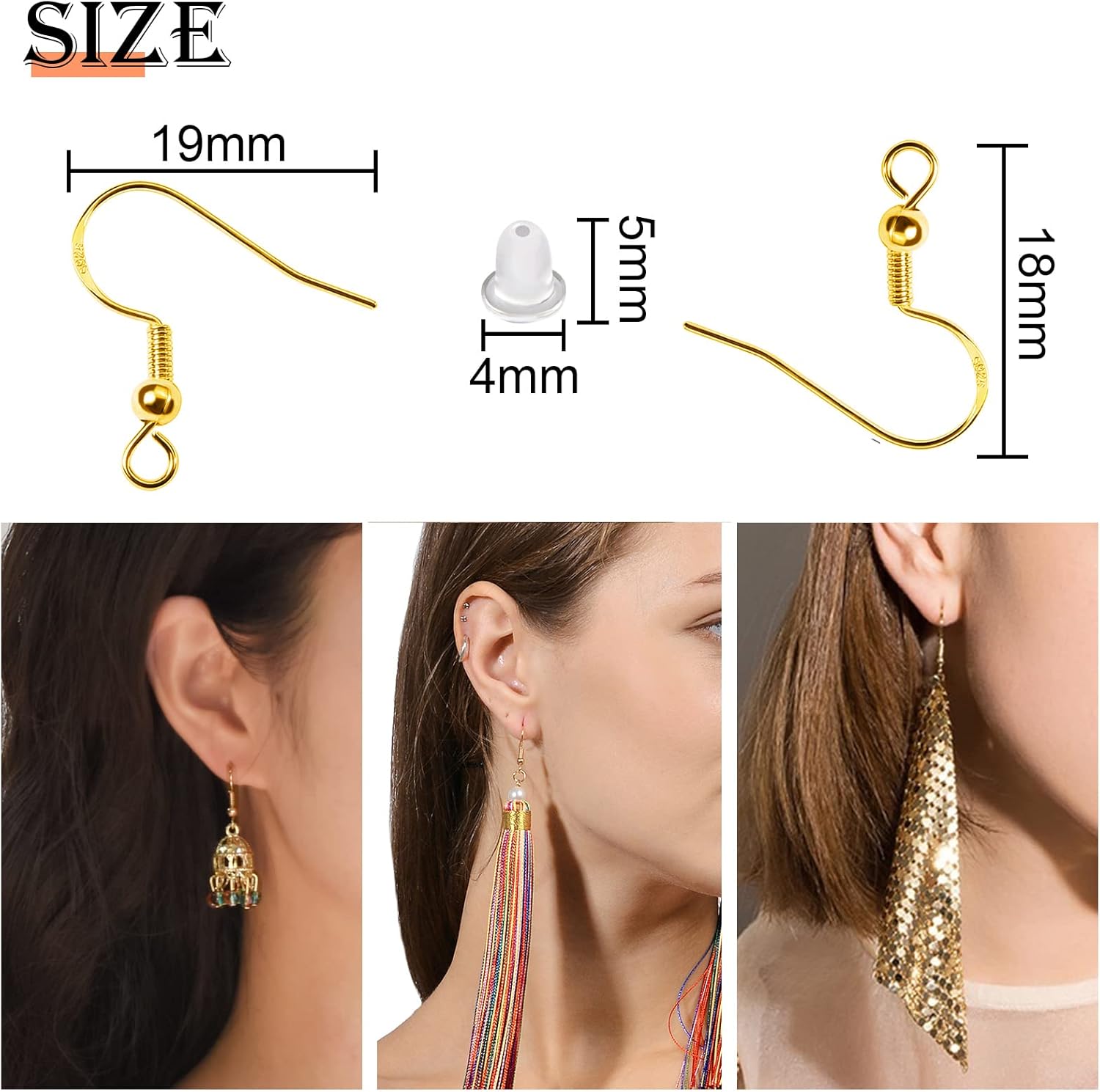 TOAOB 140pcs 925 Sterling Silver Earring Hooks Ear Wires Fish Hooks with Ball and Coil Gold 18mm Earring Parts with 200pcs Earring Backs for DIY Jewelry Findings Parts - Image 2