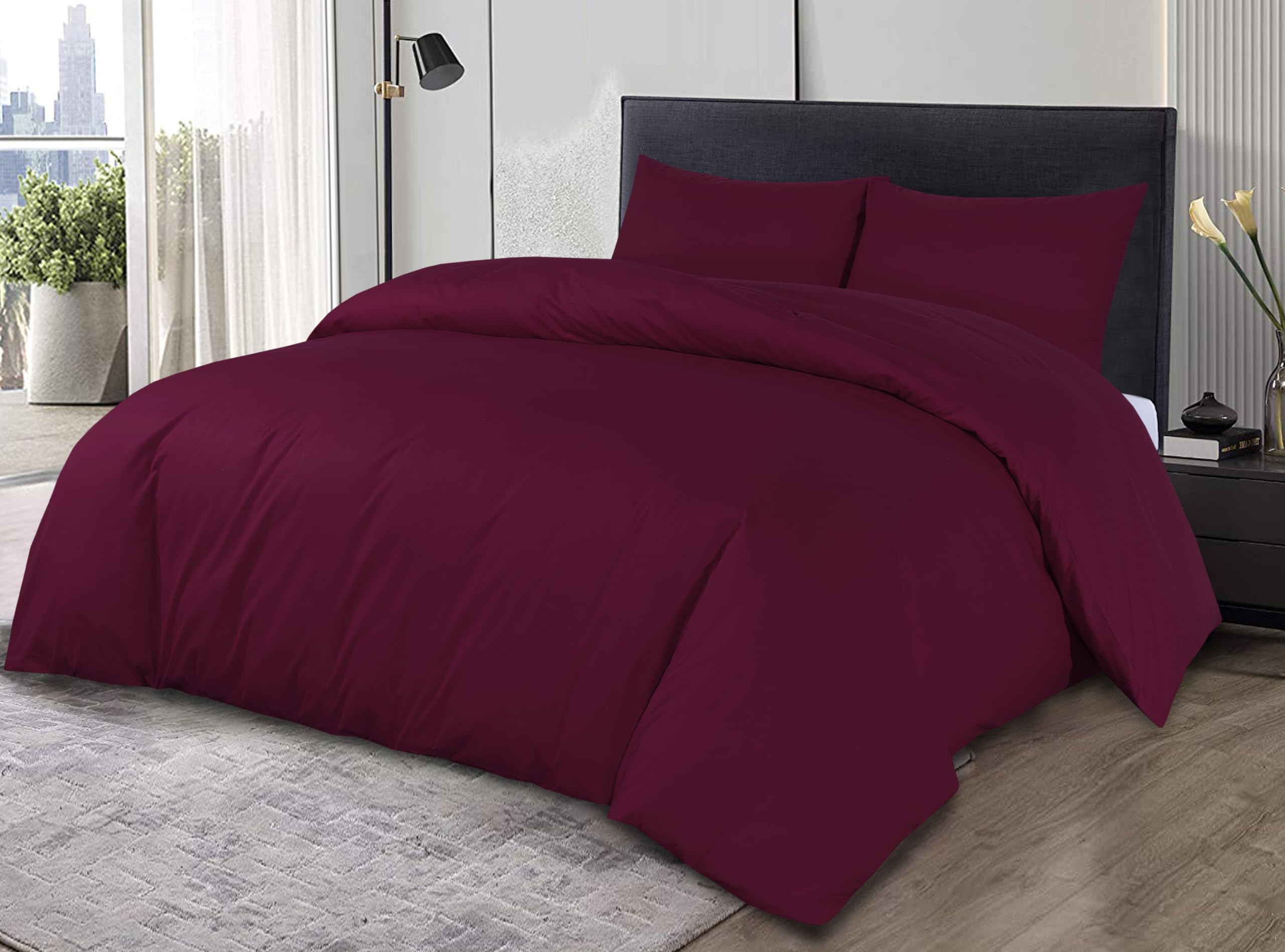Sapphire Collection 100% Egyptian Cotton 200 Thread Count Duvet Cover With Pillow Case Bedding Set (Burgundy, Double)