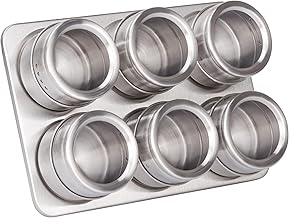 RICOO Model GR001 Set of 6 Magnetic Spice Jars in Stainless Steel, Perfect for Storing and Organizing Spices in the Kitchen, Dimensions 22 x 15.5 x 4.8 cm