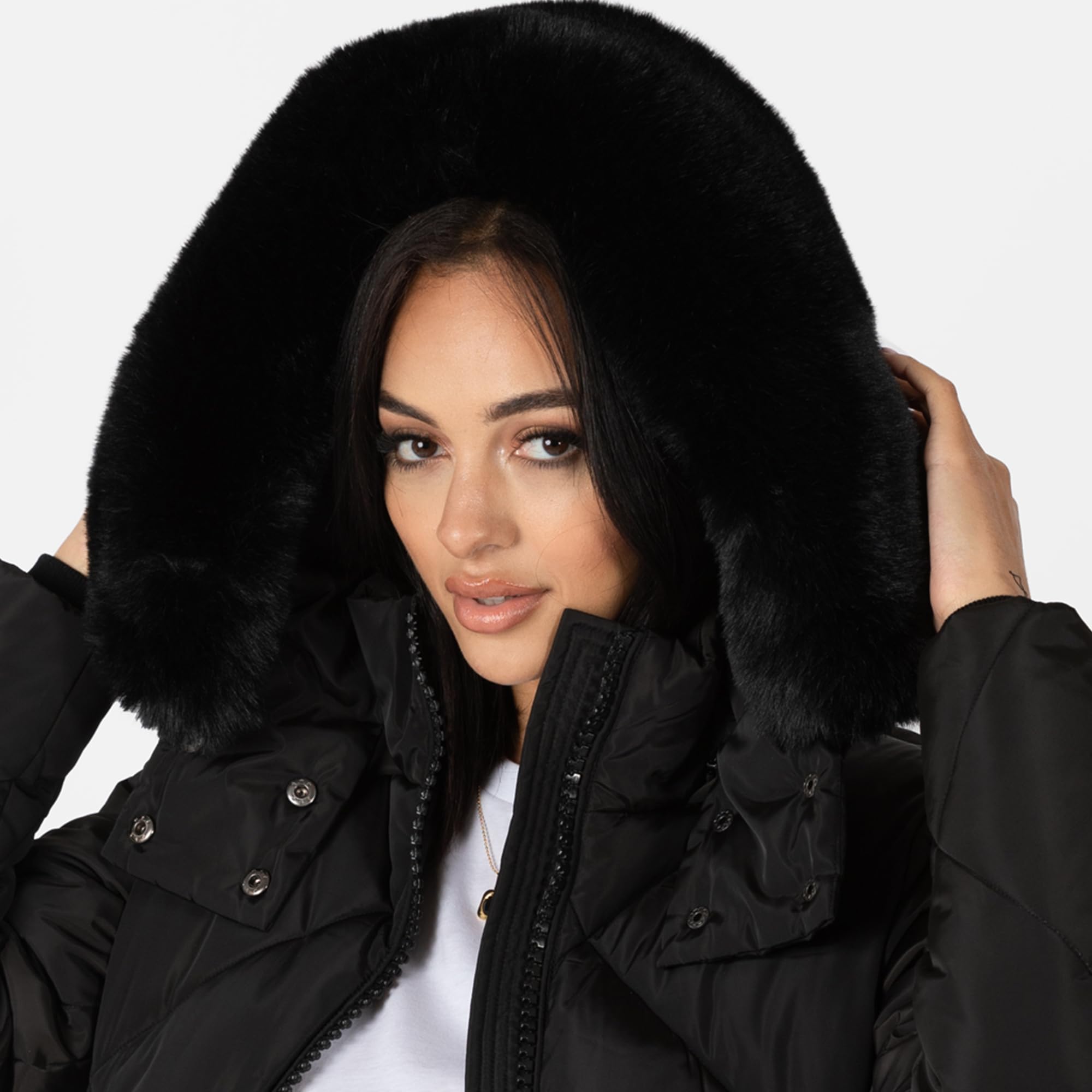 Lovedrobe Women's Winter Jacket Ladies Coat Puffer Removable Faux Fur Hood Pockets Quilted Padded Longline Puffa Outerwear Capa Mujeres