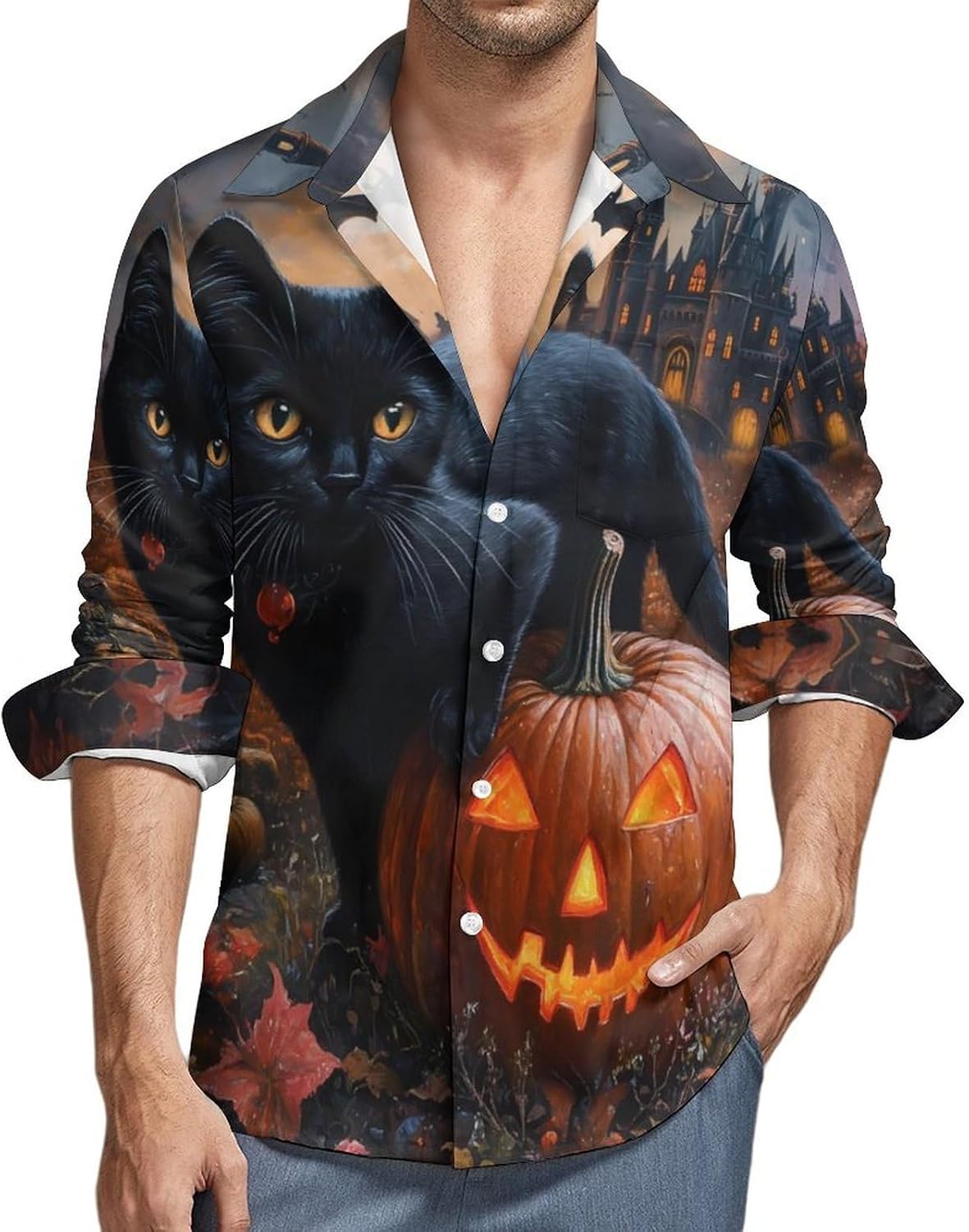 Halloween Pumpkin Black Cat Castle Long Sleeve Shirts Casual Dress Shirt Button-down T-shirts for Men