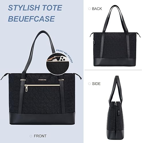 Miniatura 5 de VANKEAN Bolsa para laptop para mujer, bolsa de trabajo de 15.6 pulgadas, bolsa de hombro impermeable para computadora con puerto USB, bolsa grande