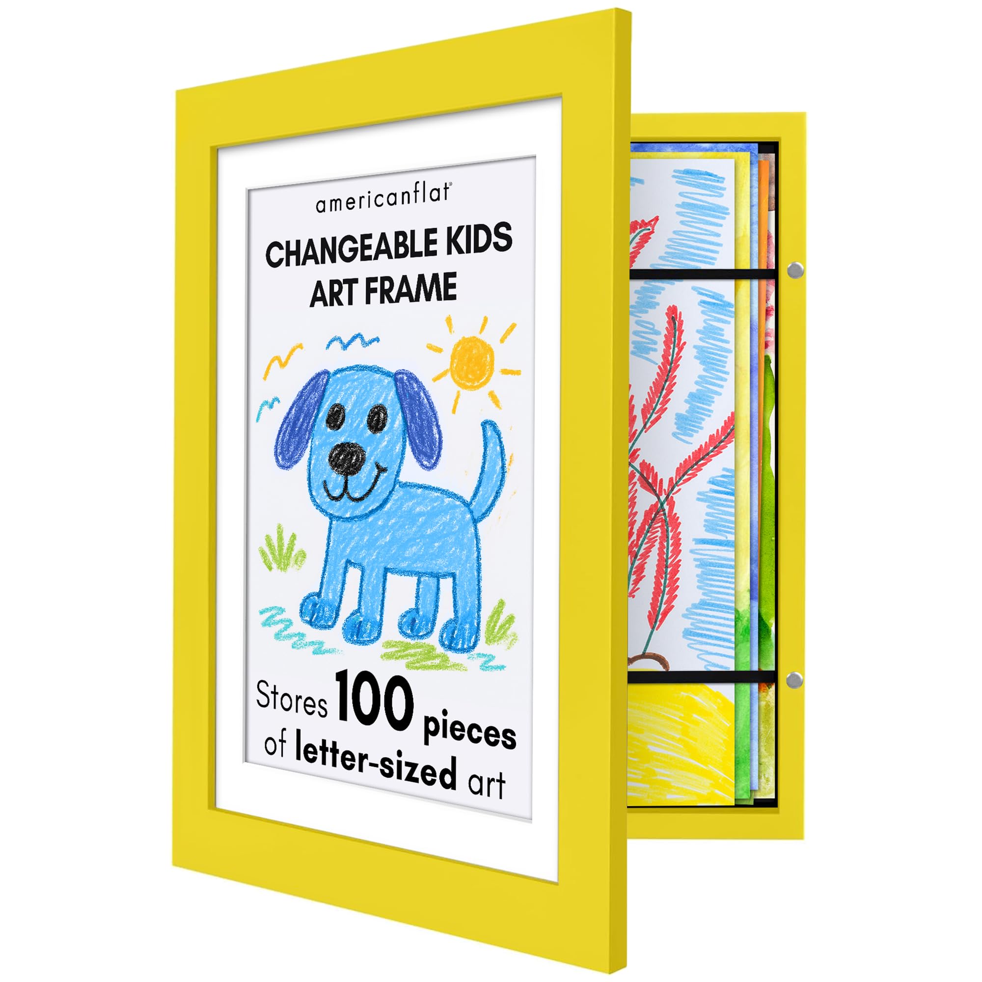 Americanflat Kids Artwork Frame Changeable (Sunshine Yellow) - Magnetic Door Holds 100 Art Pieces - 8.5x11 Letter Size Display with Mat or 10x12.5 Without Mat - My Mini Masterpiece