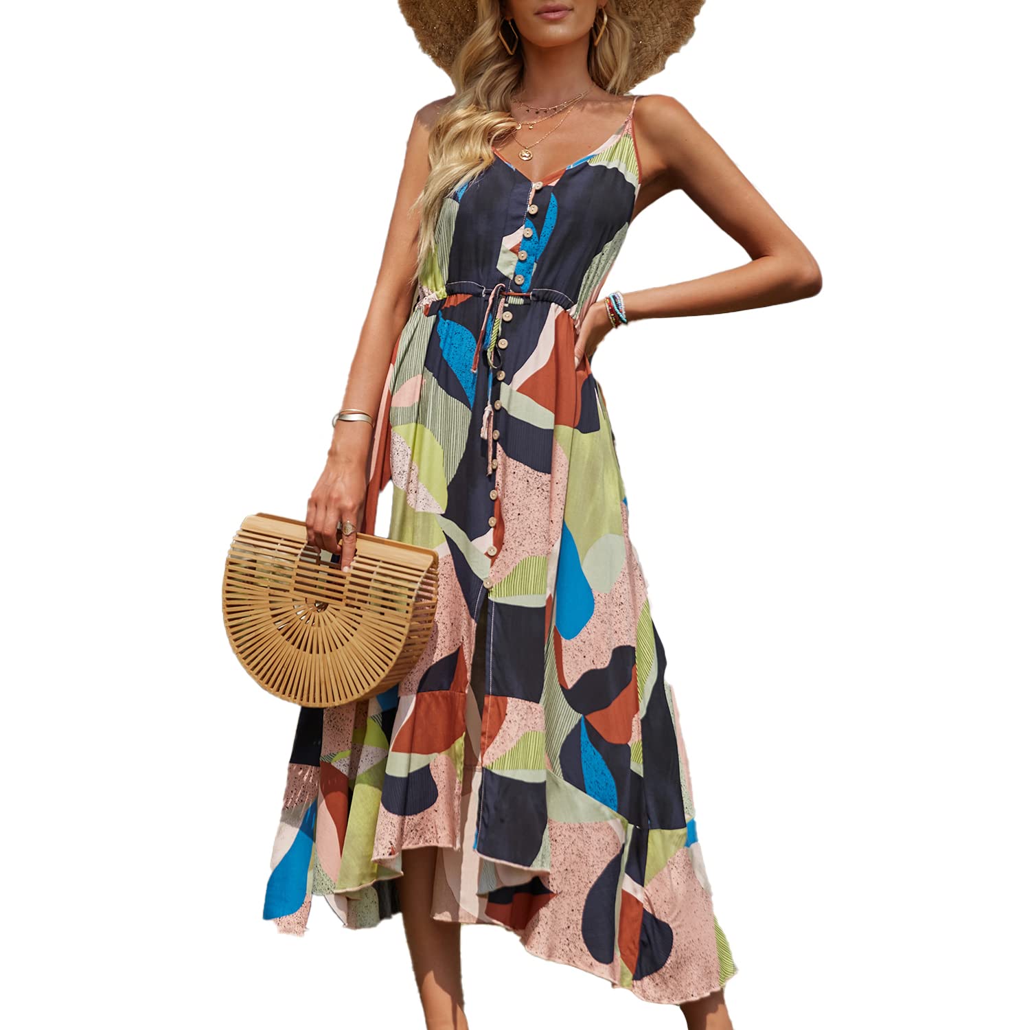 BROVAVE Women's 2023 Summer Casual Boho Sundress Polka Dot Spaghetti Strap V Neck Flowy Midi Dresses