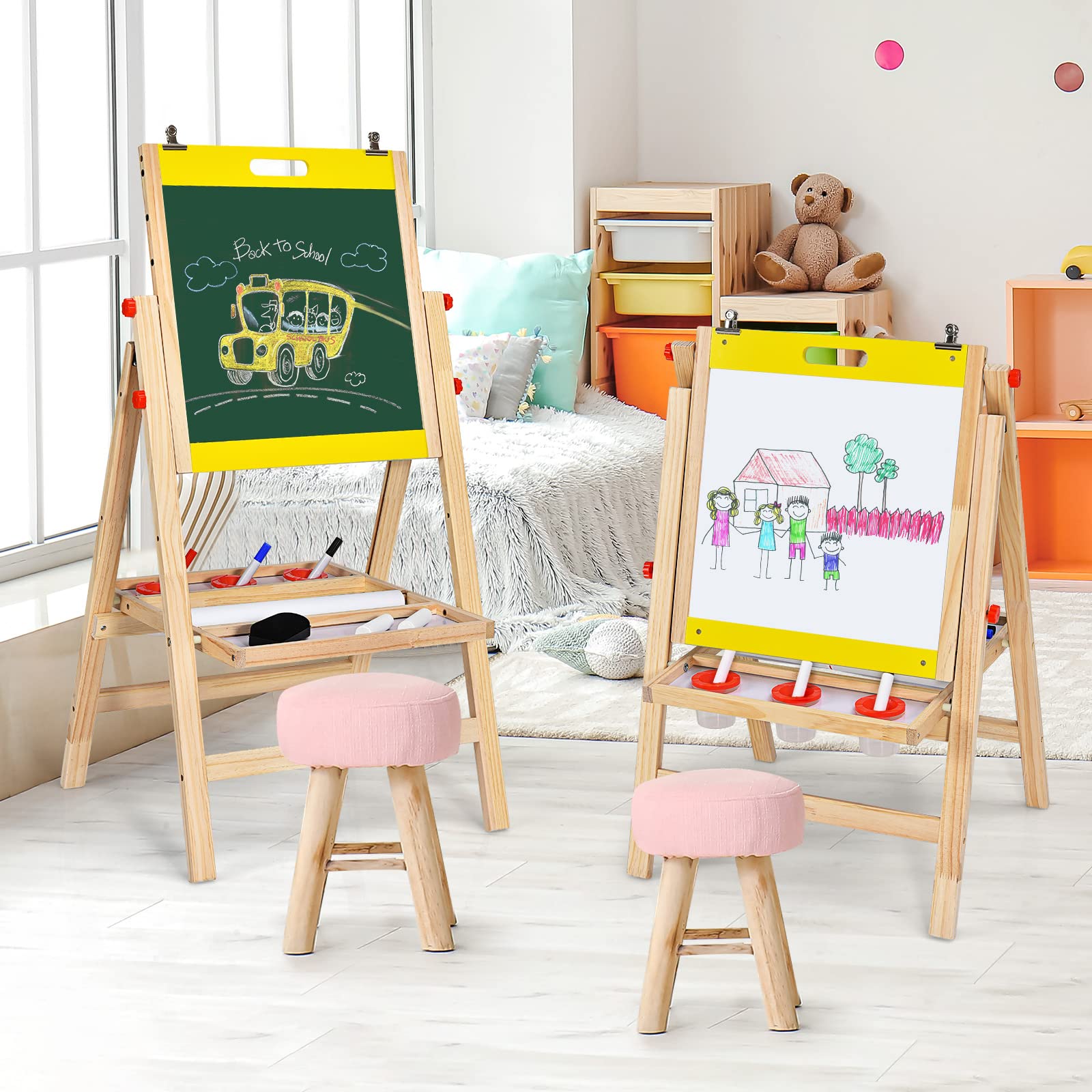 RELAX4LIFE Cavalletto Pittura per Bambini, Lavagna a Doppio Lato in Legno, Altezza Regolabile in 5 Posizioni, con Gessetto, Penne/Gomma per Lavagna e Rotolo di Carta, 50,5x53,5x79-104 cm (Giallo)