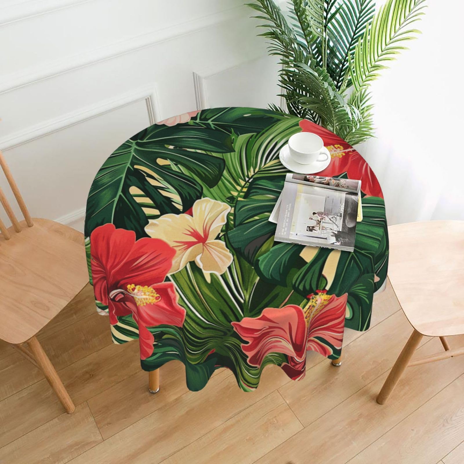 WPKJU Vegetation Leaves with Hibiscus Flowers Printed Round Tablecloth 60 in Water Resistant Table Cover Washable Table Cloth for Dining Tables
