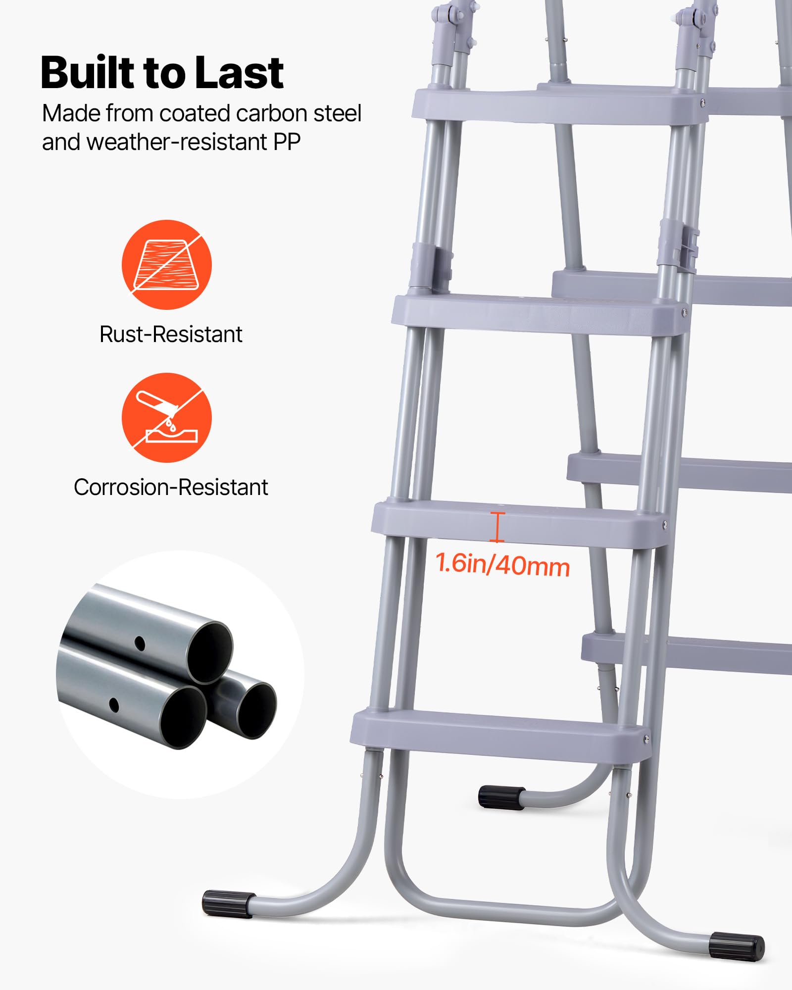 VEVOR Échelle de Piscine Hors Sol 132 cm Acier au Carbone 4 Marches PP Antidérapantes Capacité 136 kg Gris