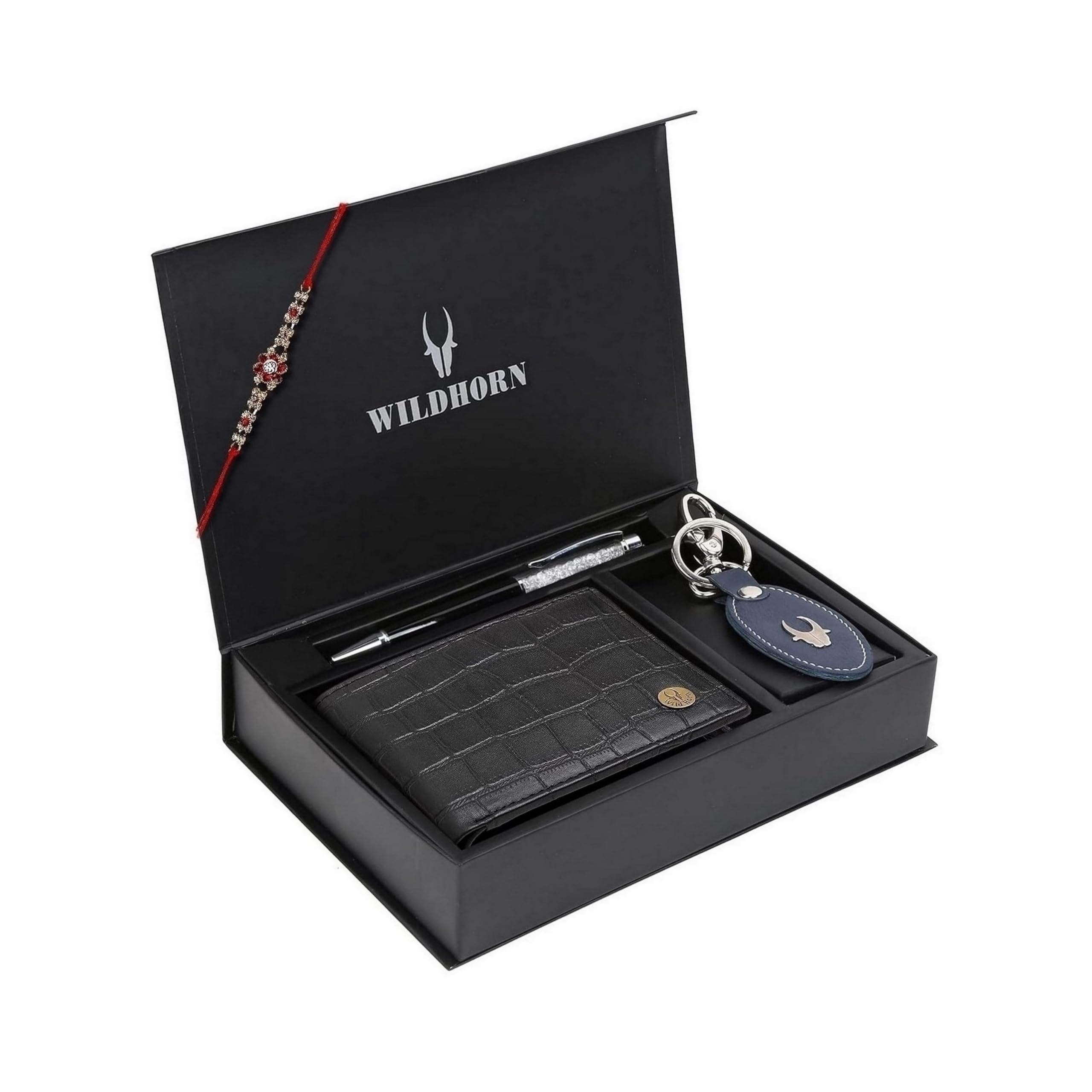 WildHorn Rakhi Gift Hamper for Brother - Classic Men's Combo/Gift Set of Leather Wallet, Keyring, Pen and Rakhi for Brother/Bhaiya. (Black Croc)