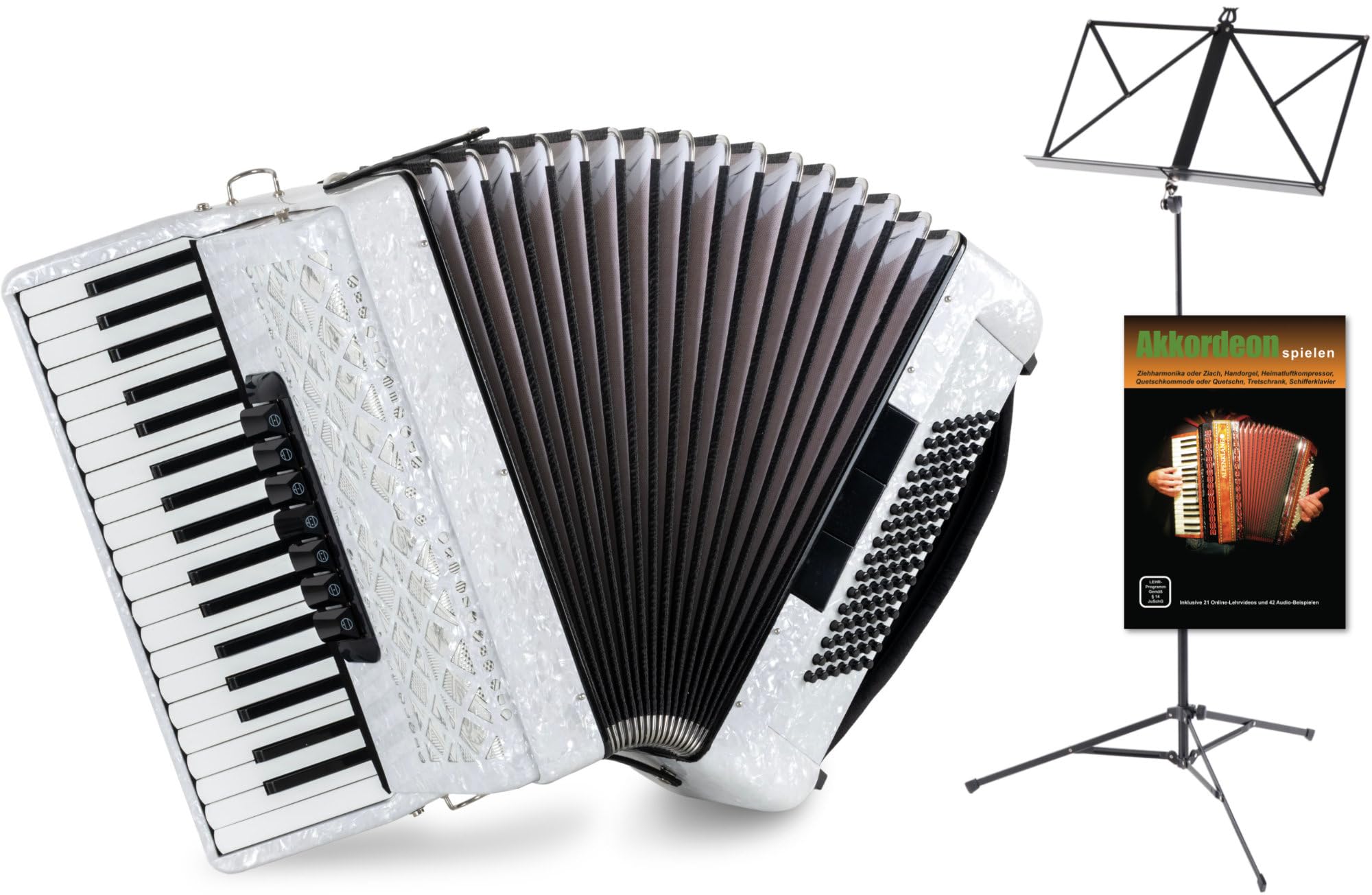 Classic Cantabile Secondo V Fisarmonica 96 Bassi Bianco Perloid Set – 37 Tasti Diastant, 3 Cori, 5 Registri - Leggera E Robusta - Set Per Principianti Incl. Borsa Con Spallacci, Scuola E Leggio