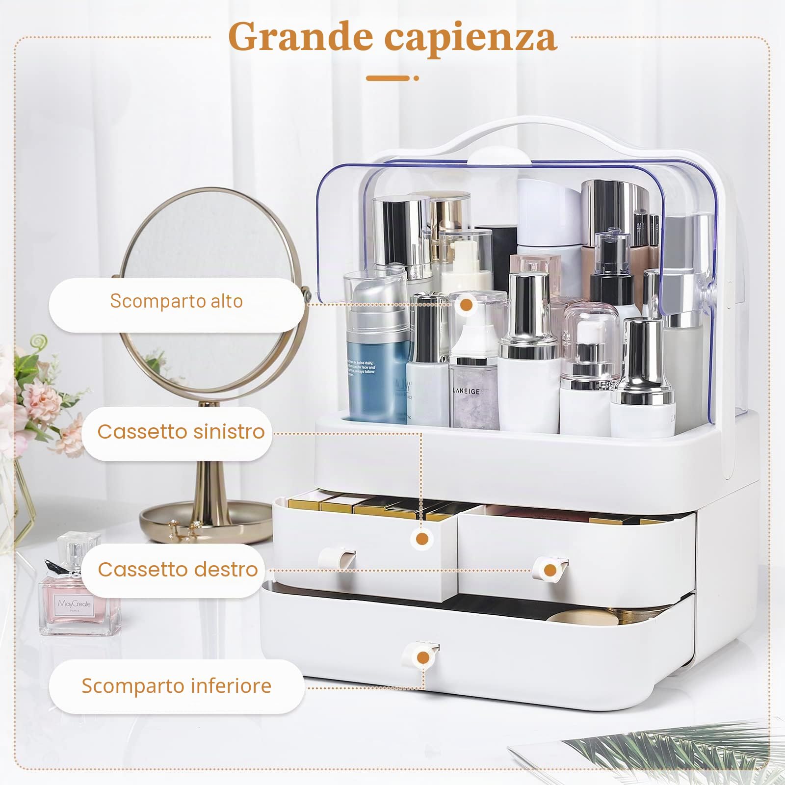 RMAN® Organizer trucchi con Coperchio Organizer Bagno Impermeabili Portatrucchi Organizzatore con 3 Cassetti Grande Capacità, Adatti e Rossetto, Smalto, Profumo, Bianco