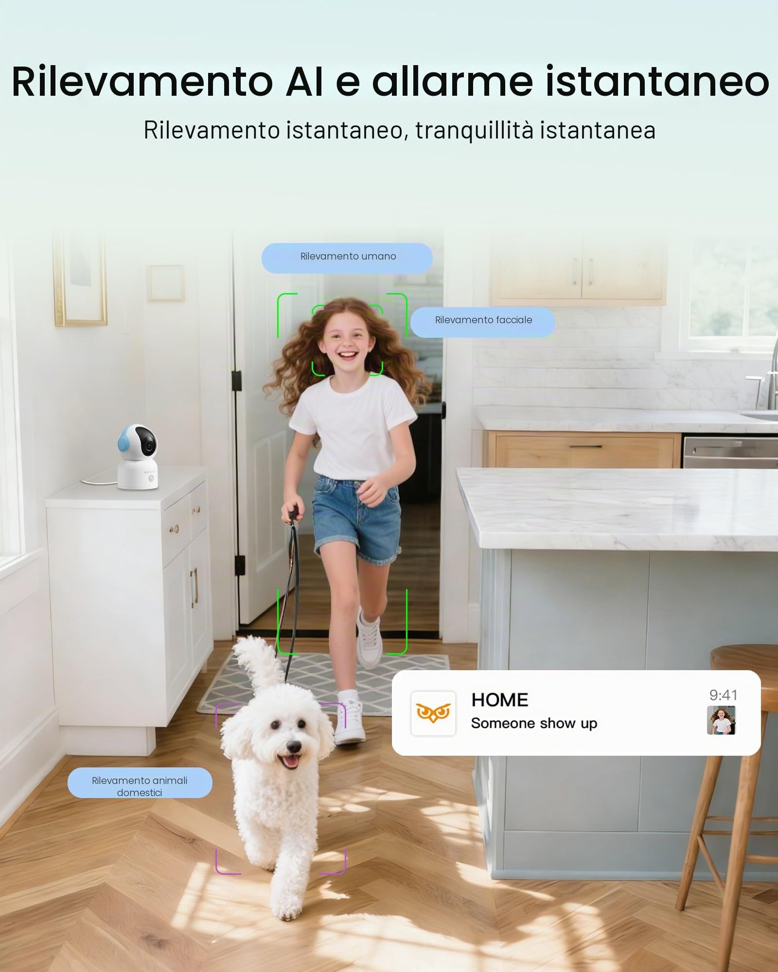 4K Telecamera Wi-Fi Interno, 360° PT + Scheda di Memoria da 64 GB | 2,4/5GHz Wi-Fi, Auto-Tracking, Rilevamento AI Persone/Animali/Bambino Pianto, Audio Bidirezionale, Con un Solo Tocco