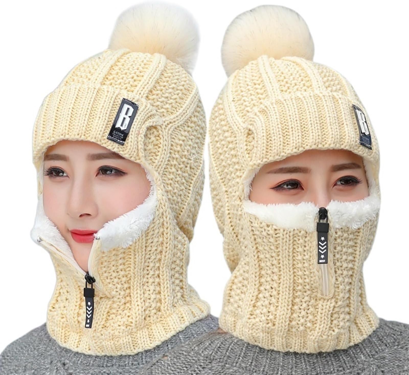 Women Winter hat mask Pompom Wool Knitted Hat Ski Hat Sets Knit Thick Neck Warmer Hats Pompom Caps *85734*