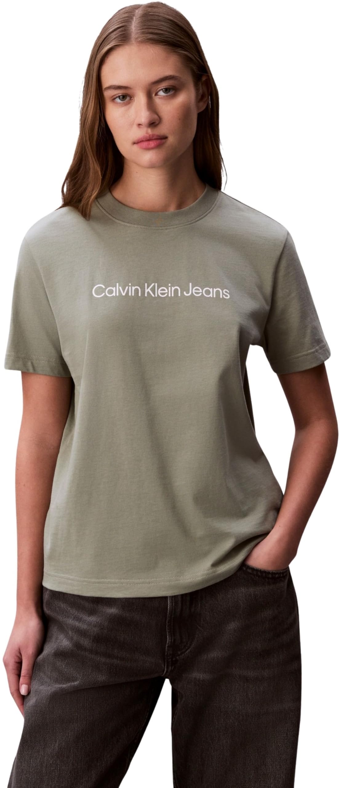 Calvin Klein Women's A- Inst. Logo Classic Tee Ss Lv047C912G Graphic Tees, Beige, XXL