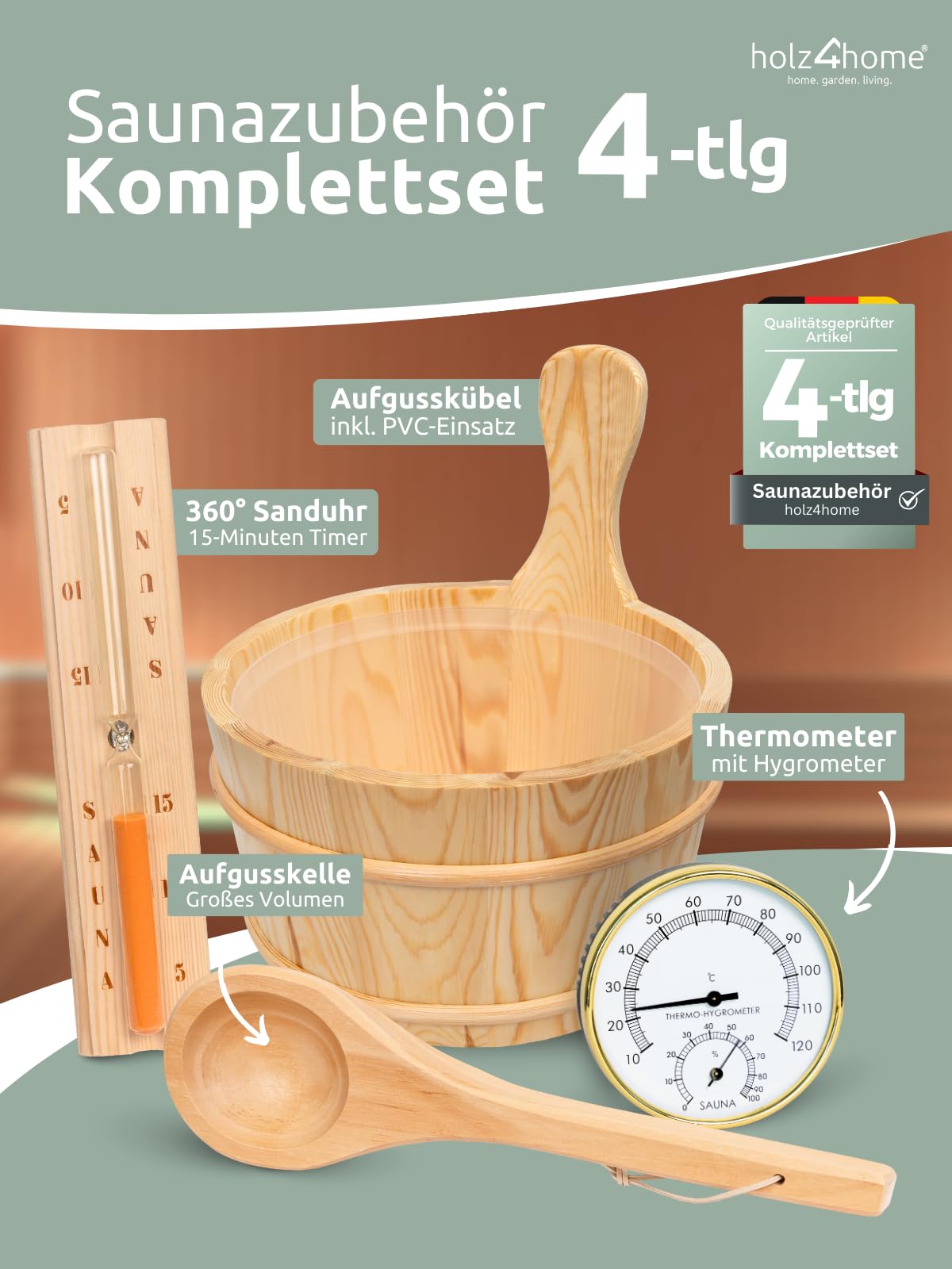holz4home® Sauna Eimer Set I Hochwertiges Saunazubehör Eimer mit Kelle Sanduhr Thermometer Hygrometer I Hitzebeständiges Sauna Set aus Holz I Komplettset Fasssauna Saunakübel mit Einsatz