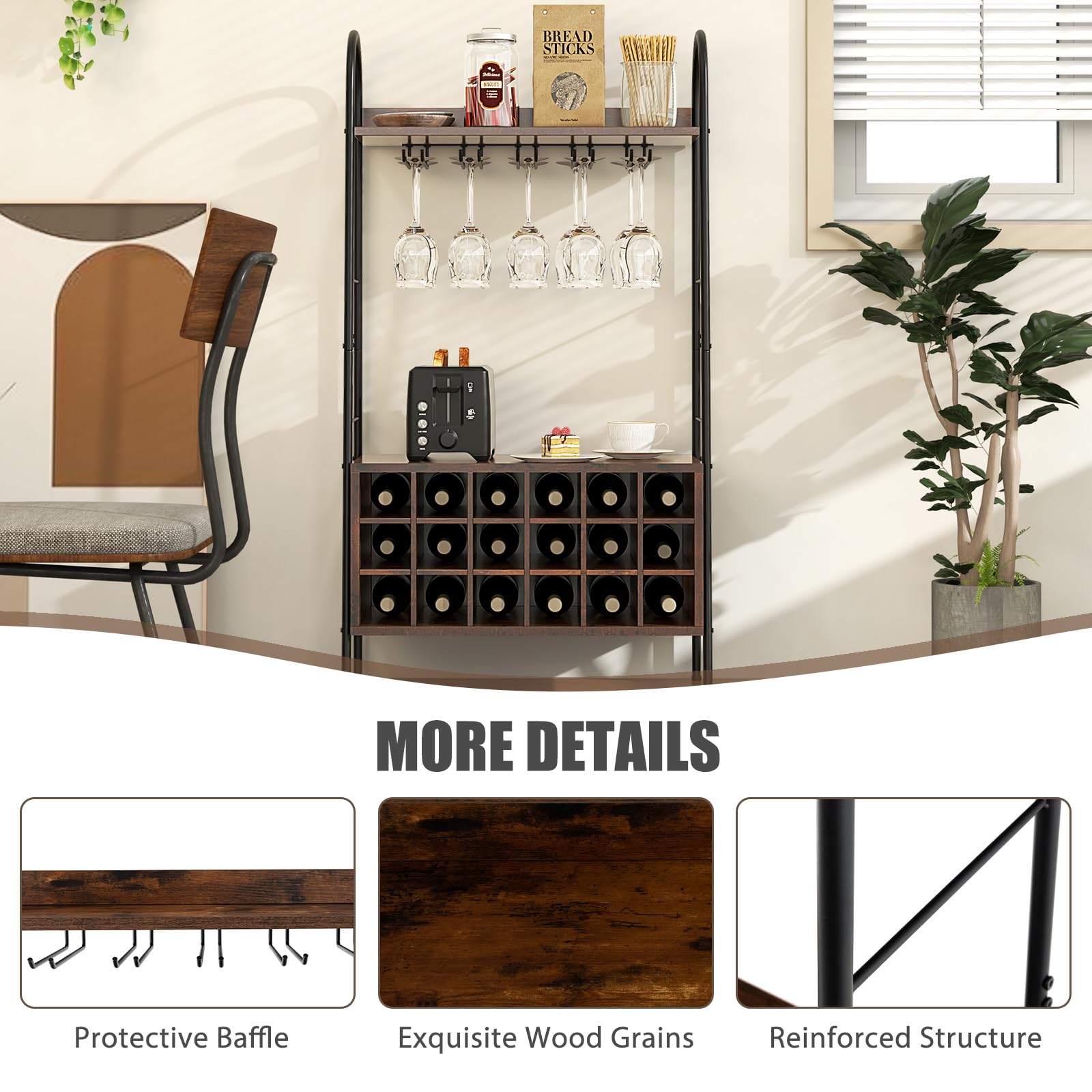 KOMFOTTEU Botellero para 18 Botellas, Estantería para Vino con Soporte para 15 Copas, Organizador de Botellas con Estantes Abiertos para Cocina, Comedor, Bar, 63 x 32 x 114,5 cm