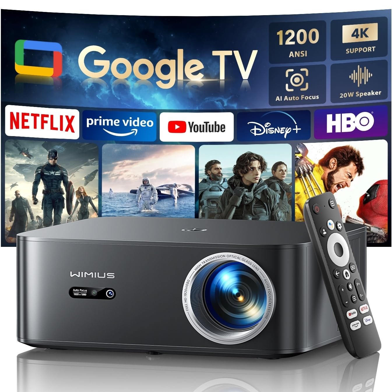 Proyector 4k【1200 ANSI/Google TV/Netflix Disney+ Oficial】 WiMiUS Full HD 1080P Nativo, Control de Voz, Auto Focus/Keystone, WiFi 6&Bluetooth 5.2 Proyector en Casa/Exterior (Negro)