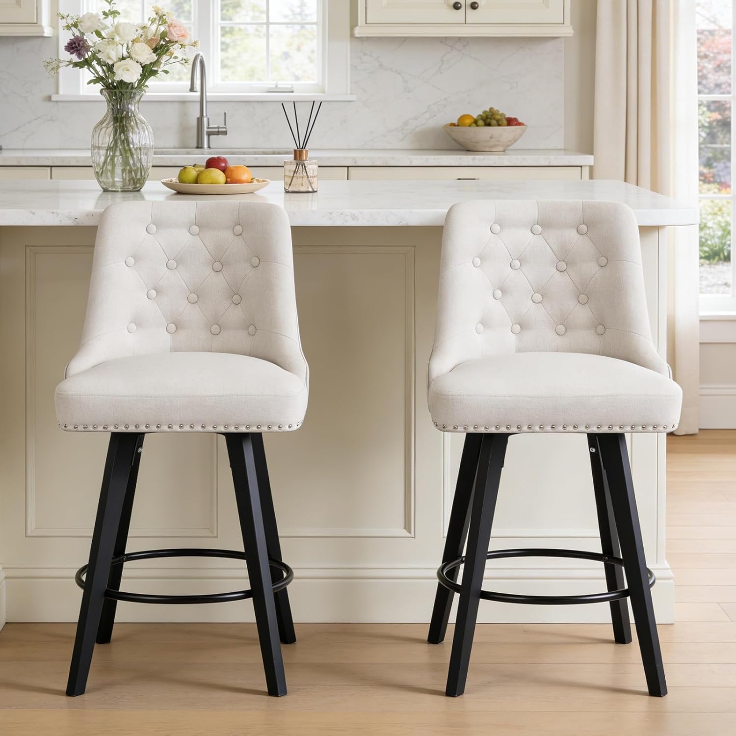 Swivel Bar Stools Set of 2, Linen Counter Height Bar Stools with Tufted Back, 25''H Upholstered Wood Bar Chairs Modern Barstools for Kitchen Island Home Bar, Beige