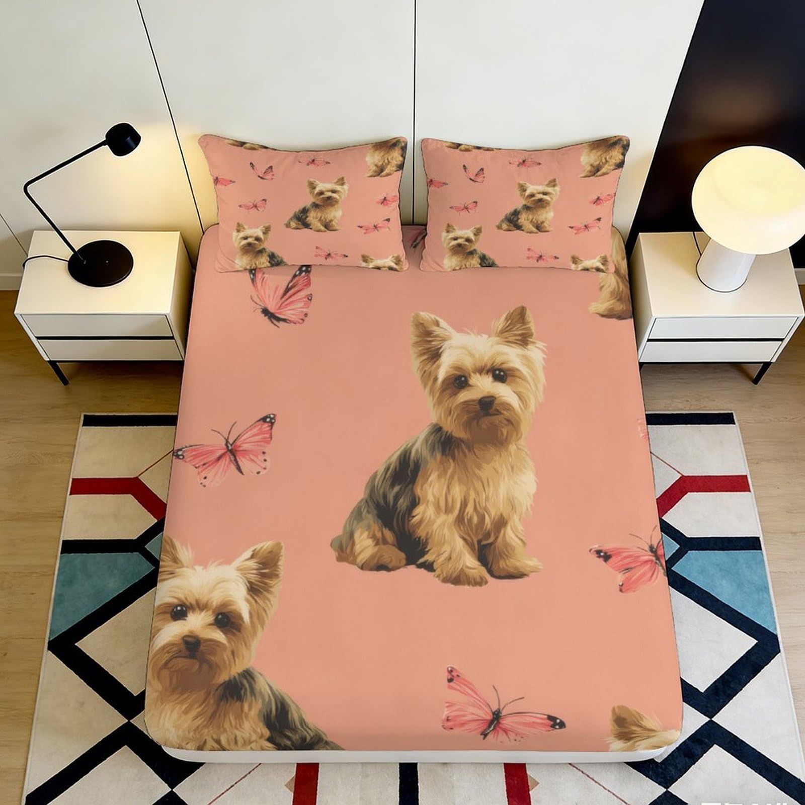 3D Printed Cute Dog Fitted Sheet Microfiber Deep Pocket Bedroom Bedding Puppy Mattress Fitted Cover Non-Slip Washable 200x200x25cm