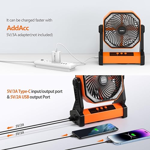 Miniatura 5 de Ventilador portátil de 20000 mAh funciona con pilas 8 pulgadas recargable con luz LED con gancho para colgar para tienda de campaña viajes automóvil