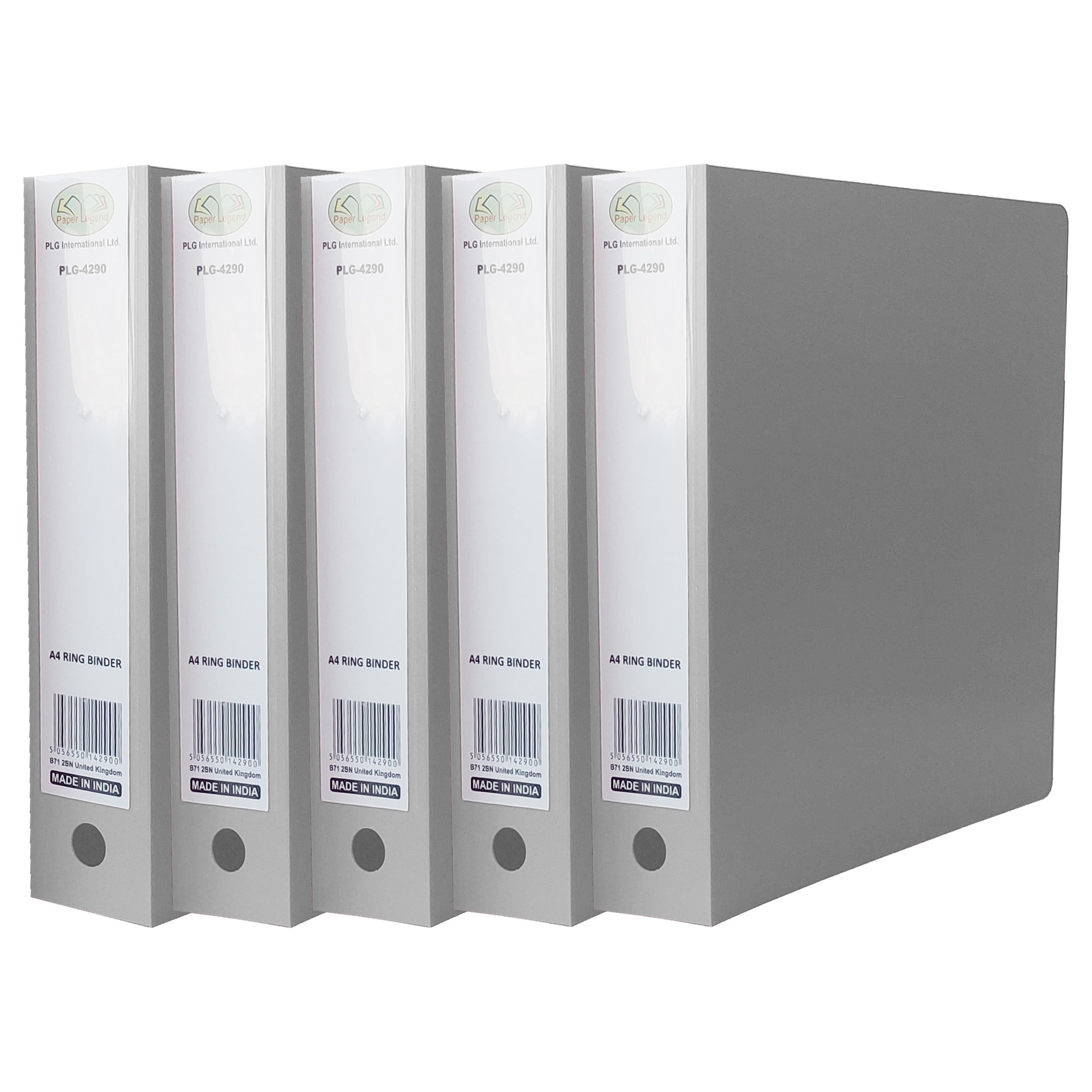 Grey Ring Binder A4 File Folder 65mm Spine with Finger Pull Ring 2 O-Ring Mechanism Holds Up to 500 Sheets Large Capacity Polypropylene Binder File for Document Organisation (Pack of 5)