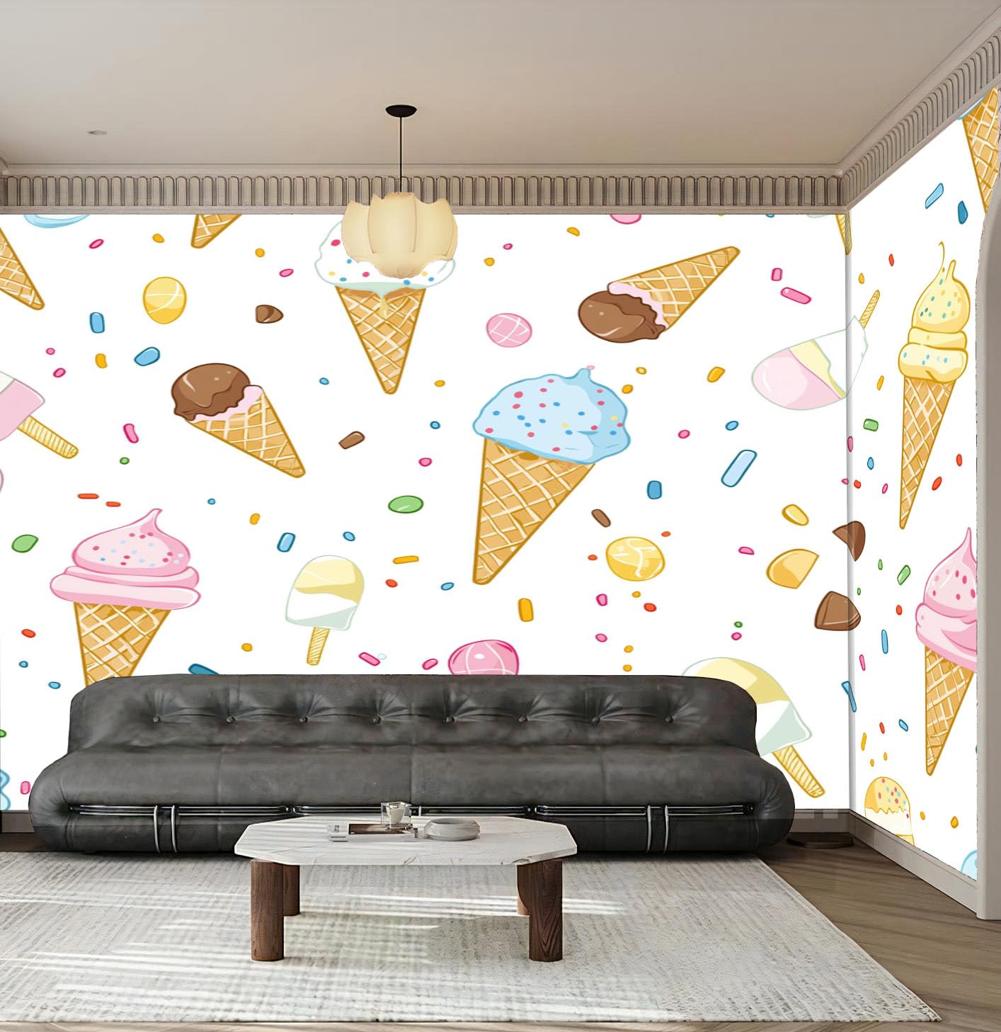 Carta Da Parati Cono Gelato, Stile Cartone Animato Carinomurale, 350×256Cm Ristorante Soggiorno Tv Parete Camera Letto Decorazione Della Parete Murali, Bianco