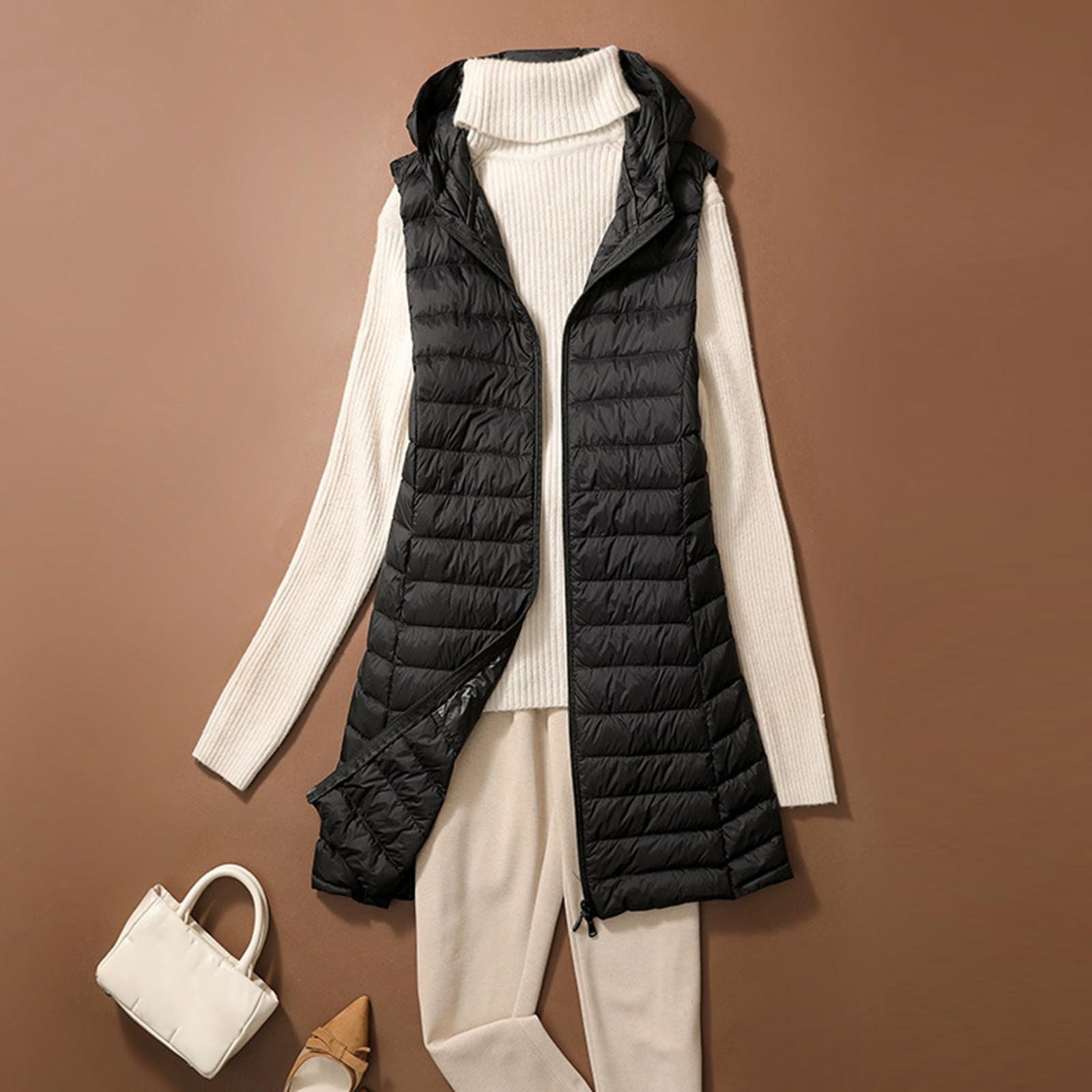 Longweste Damen Leichte Steppweste Reissverschluss Daunenweste Casual Ärmellos Jacke Elegant Frauen Weste Mit Kapuze Westen Winter Pufferweste Winterweste Warm Übergangsweste Einfarbig