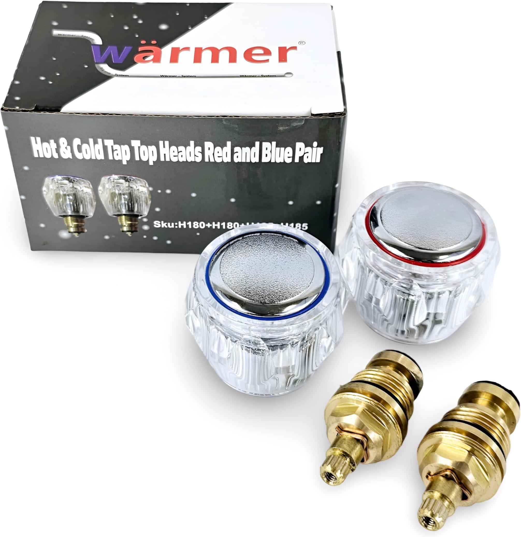 Tap Repair Kit – 2 Tap Heads + 2 Brass Valves – Hot & Cold Replacement Valves for Bathroom & Kitchen – 1/2" Reviver Set